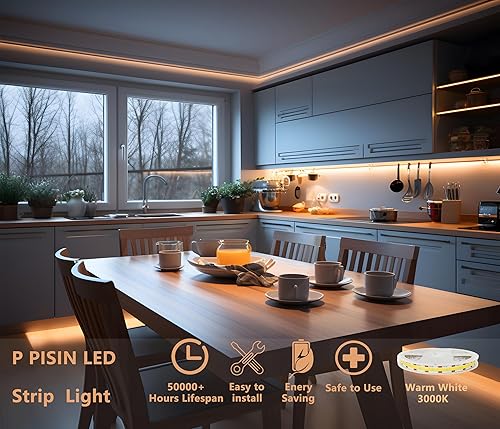 Miniatura 7 de PISIN Tira de luz LED COB de 24 V, color blanco cálido, 3000 K, IP20, emisora de luz uniforme 480 LEDsM, 16.4 pies16.4 ft, CRI90, tira de luz LED