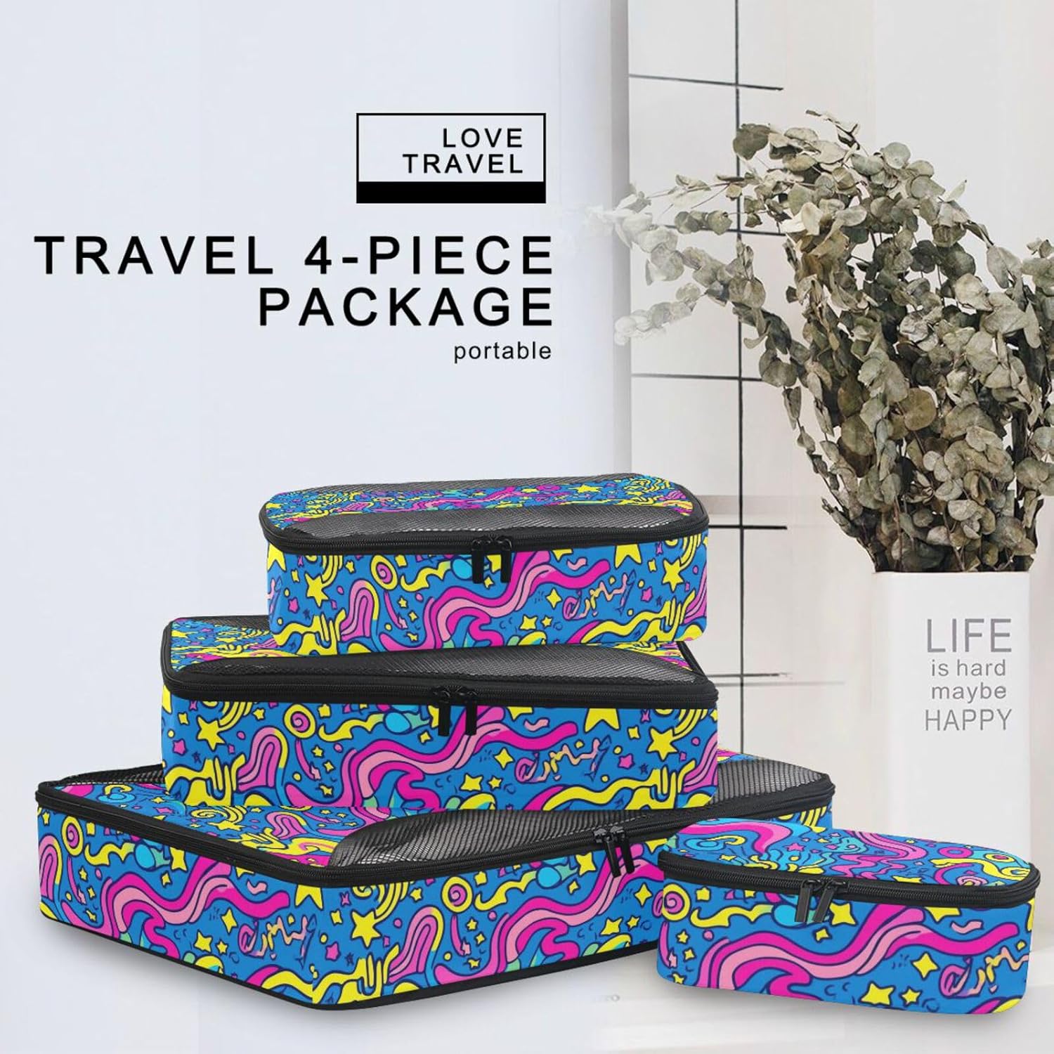 Colorful Abstract Geometic 4 Pcs set organizer for luggage Mesh Travel Essentials expandable set compression packing cubes