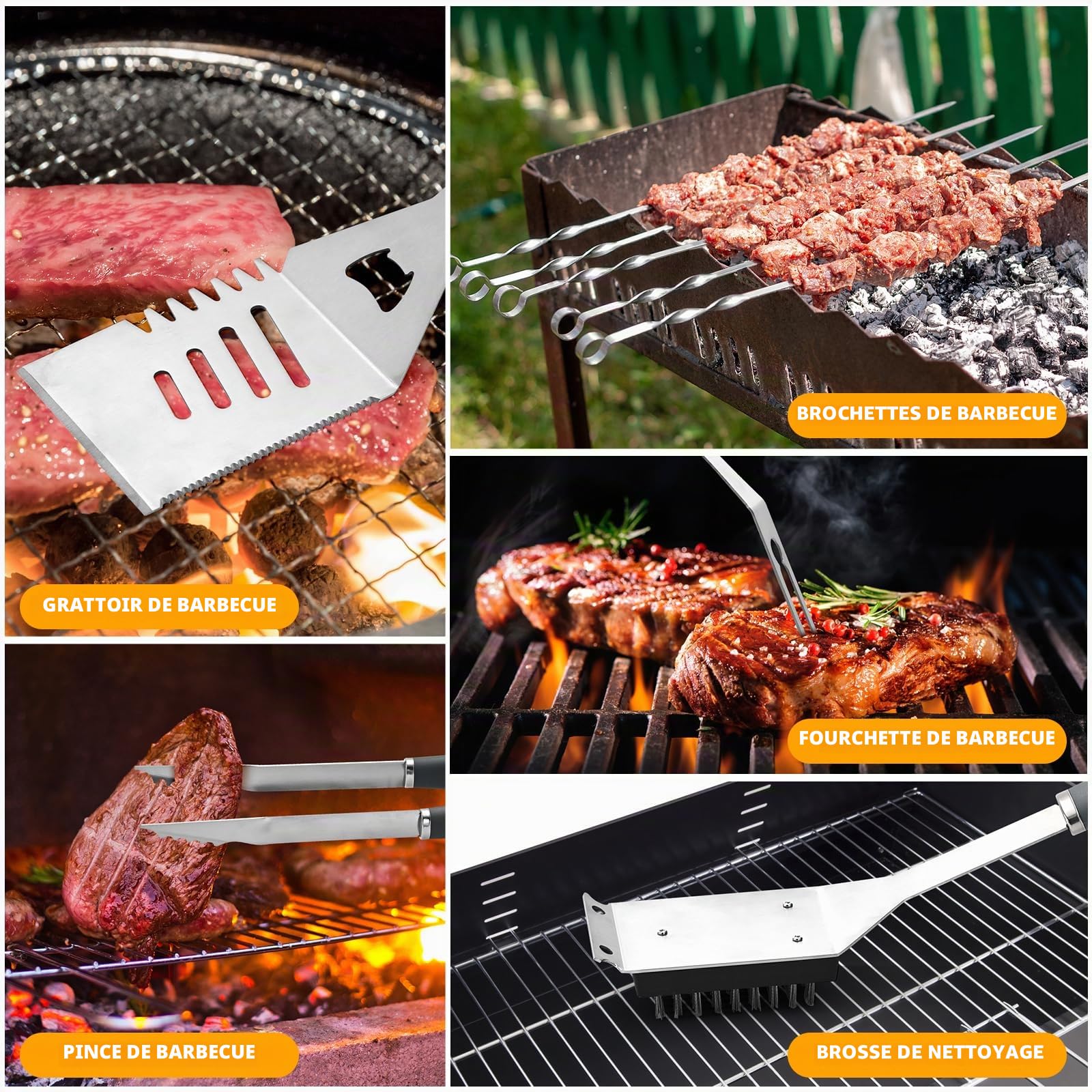 Set d'Accessoires Barbecue 10 Pièces Inoxydable - Ustensiles de Cuisson Extérieur avec Pince, Spatule, Fourchette & Brosse