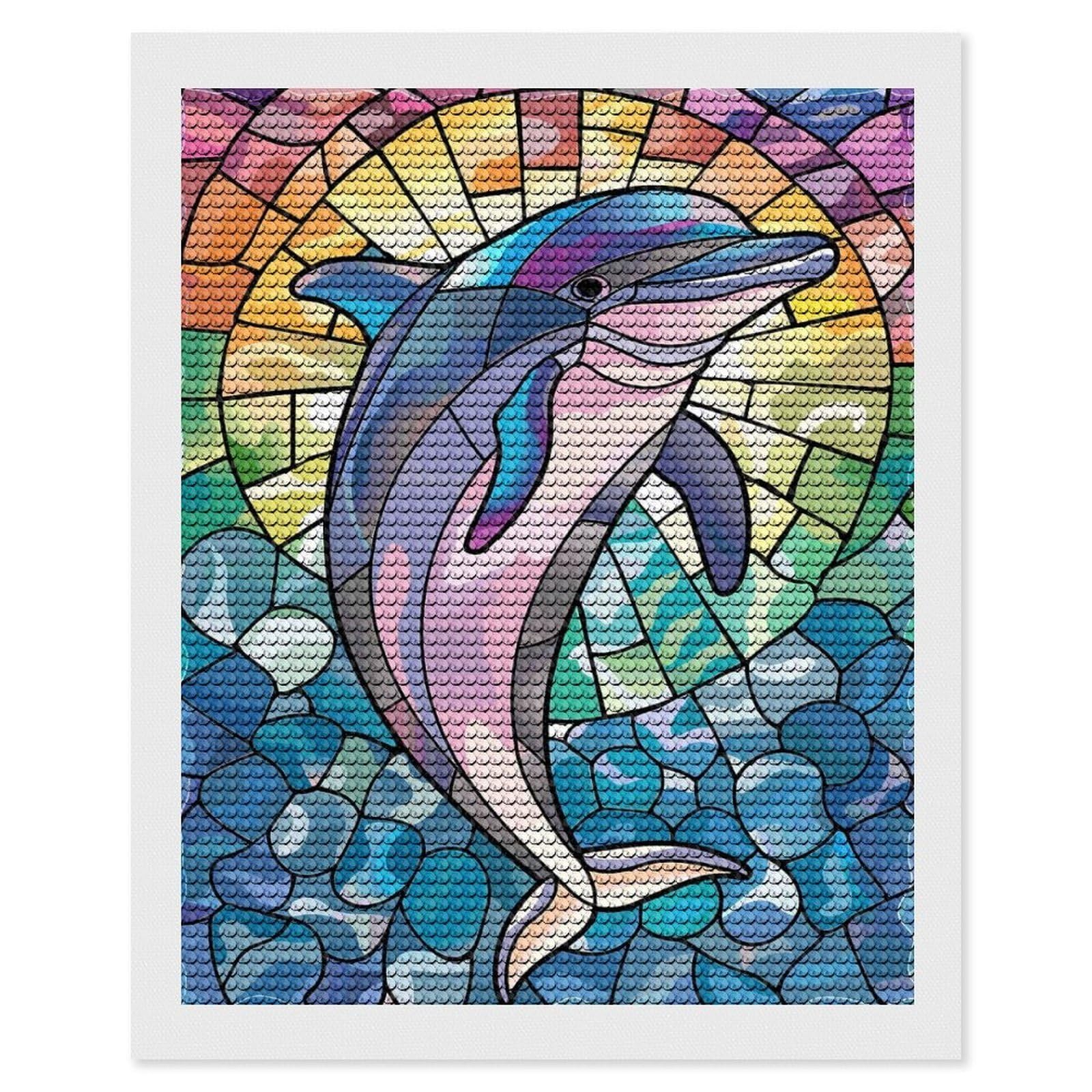 Junmoney Stained Glass Dolphin in Waves Crystal Diamond Art Kit 16"x20", Round Gems, Detailed Printed Canvas, Creative Gift Idea, Vintage Style Decor