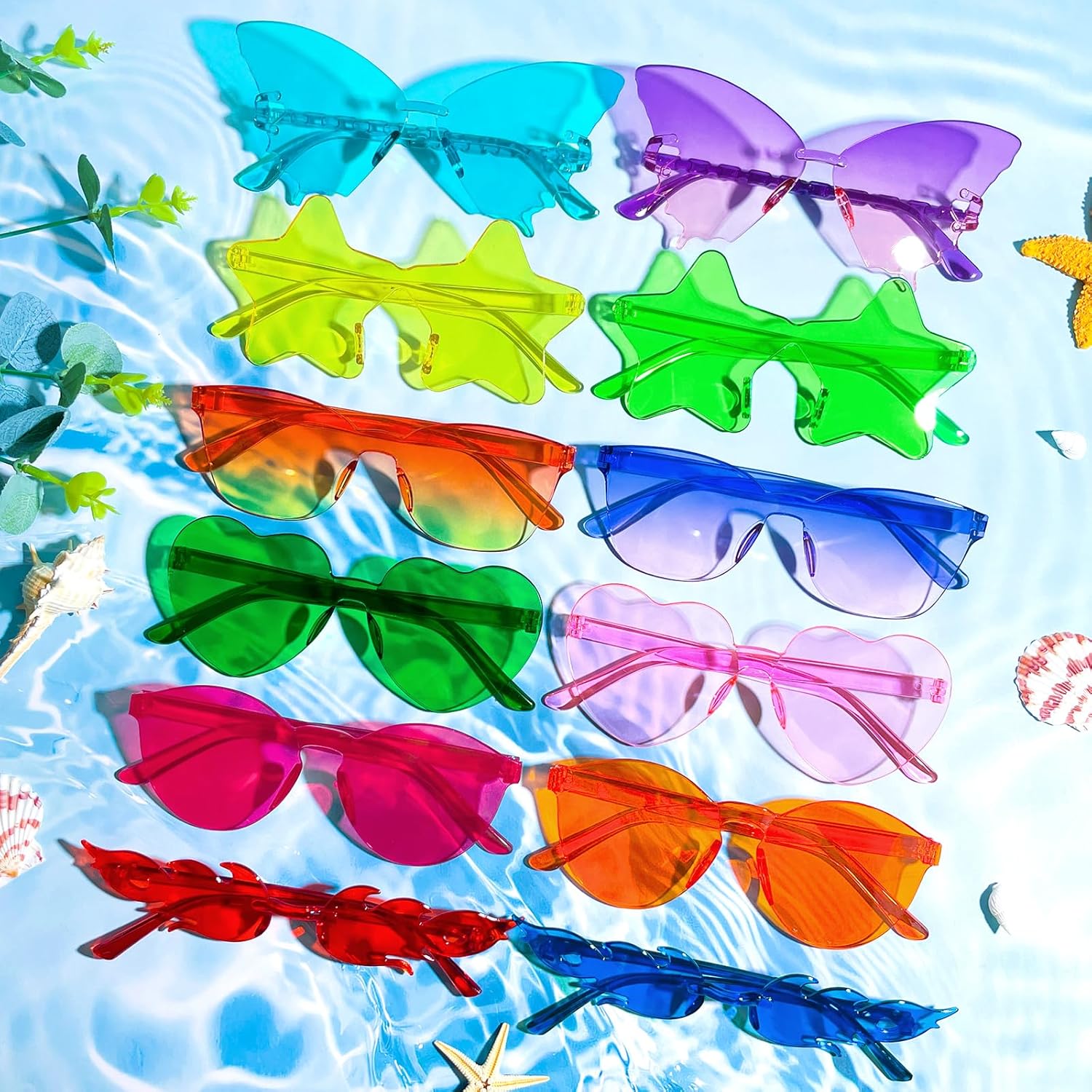 Pibupibu 24 Pack Star/Heart/Butterfly/Flame Sunglasses Bulk, Rimless Fun Colorful Sunglasses for Women Party Favors
