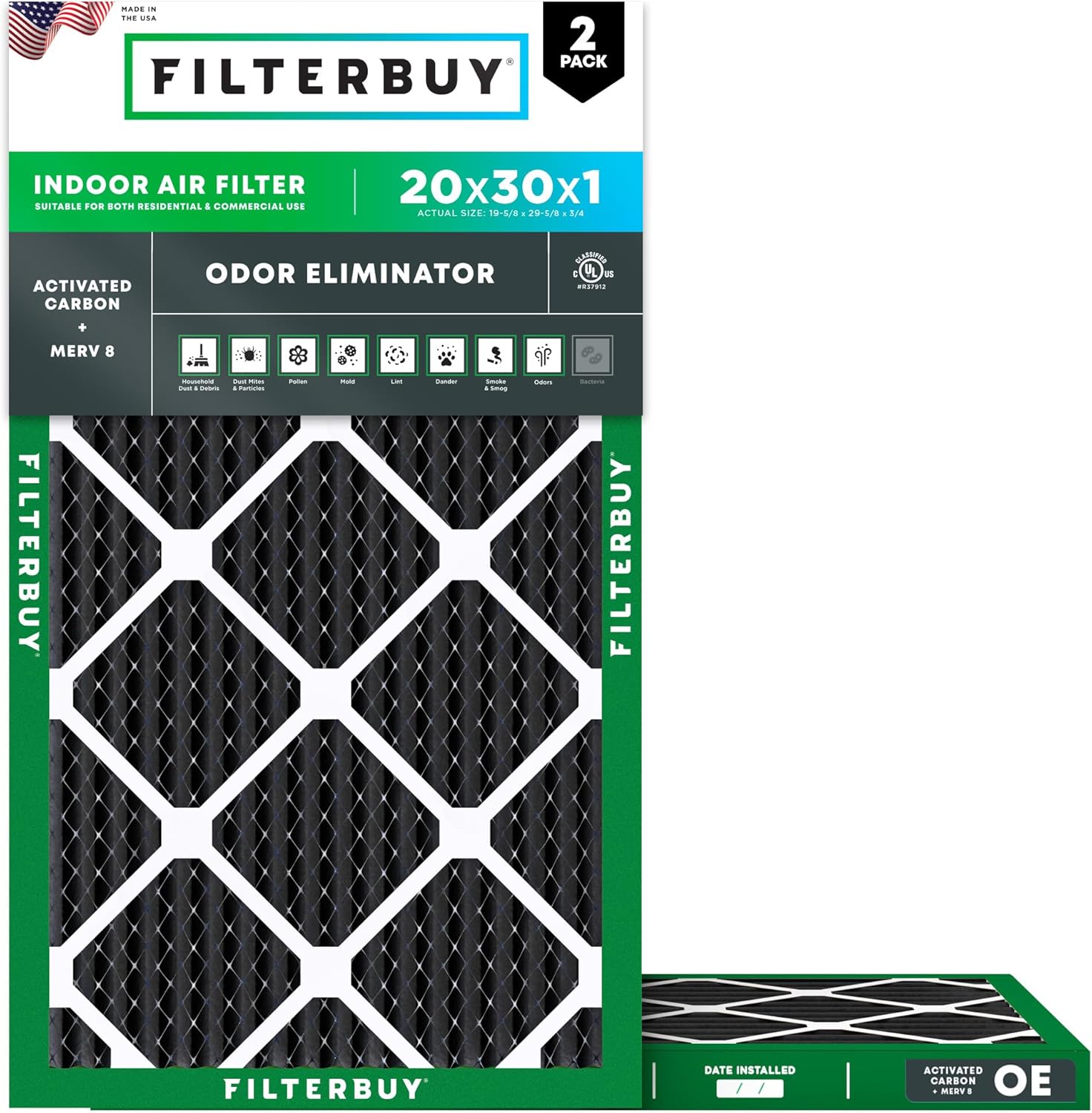 Filterbuy 20x30x1 Air Filter MERV 8 Odor & Allergy Defense with Activated Carbon (2-Pack), Electrostatic Pleated HVAC AC Furnace Filters Replacement, Made in USA (Actual Size: 19.63 x 29.63 x 0.75)