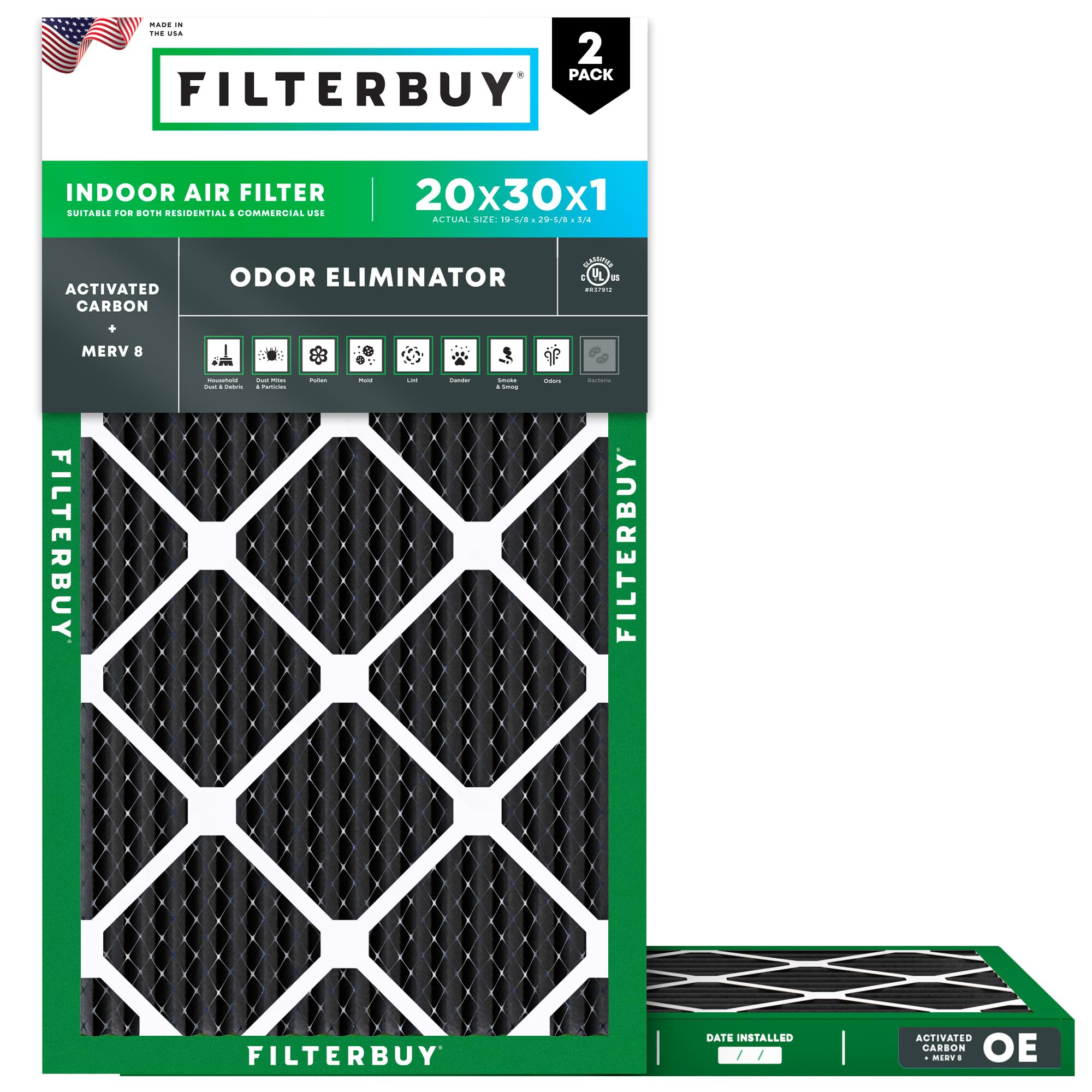 Filterbuy 20x30x1 Air Filter MERV 8 Odor Eliminator (2-Pack), Pleated HVAC AC Furnace Air Filters Replacement with Activated Carbon (Actual Size: 19.63 x 29.63 x 0.75 Inches)