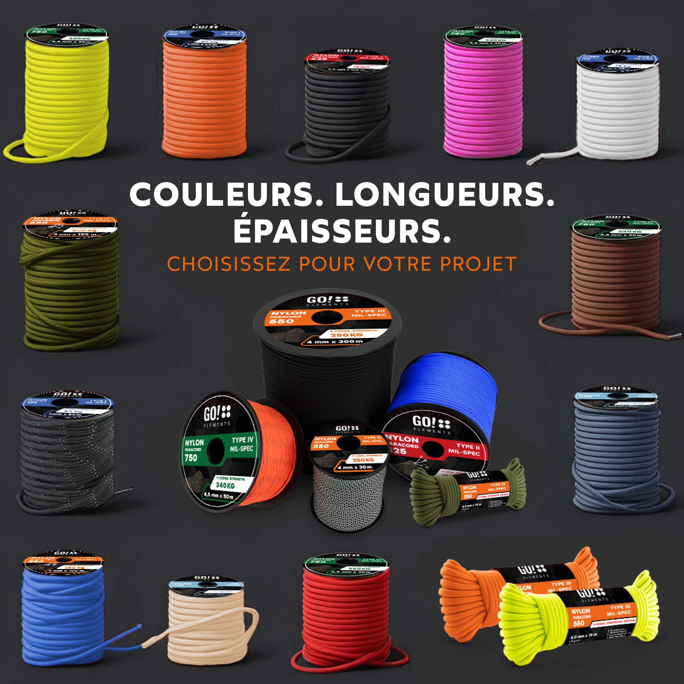 GO!elements Paracorde en Ficelle Nylon - 4mm Paracorde 550 Typ III Corde - approprié en Fil de Peche Nylon, Filet éthologique, etc. | Max. 250kg