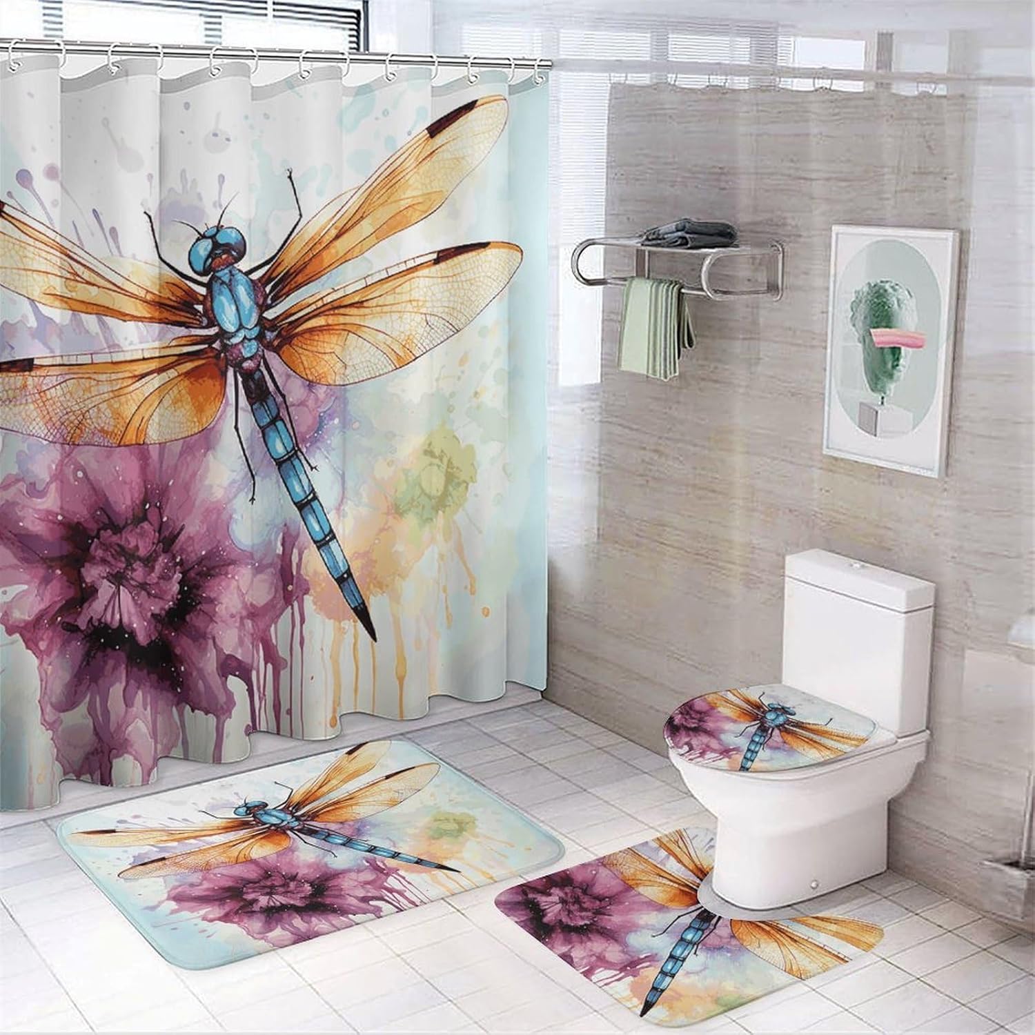 Dragonfly Watercolor Painting 4Pcs Shower Curtain Set with Non-Slip Rugs, Toilet Lid Cover and Bath Mat,Bathroom Set Decor Accessories,Curtain Set with 12 Hooks, 72 X 72 Inch