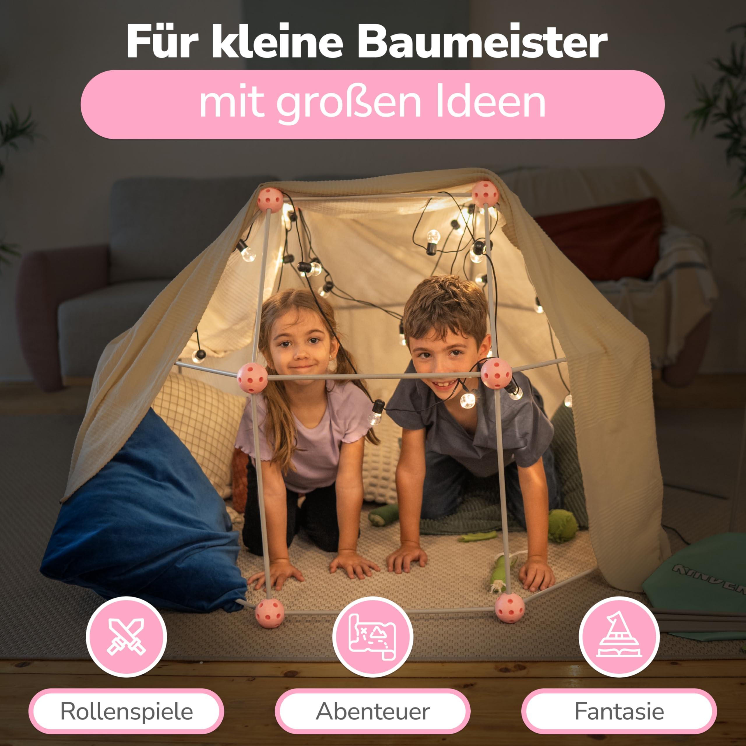 KINDERWERK - Konstruktionsspielzeug – 140-teiliges Set zum Höhle Bauen für Kinder – Unterstützt Kreativität & räumliches Denken – Indoor & Outdoor Spielzeug (rosa/grau)