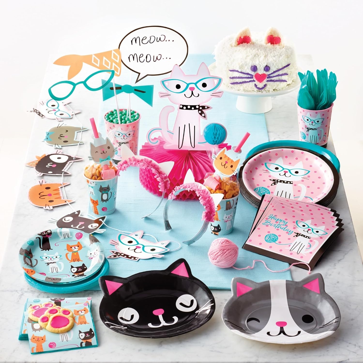 HOME & HOOPLA Cat Party Dinner Set for 16 Guests – Cat Plates with Napkins & Forks, Pink & Teal Cat Themed Party Supplies for Birthday, Baby Shower, Girls Party Decorations