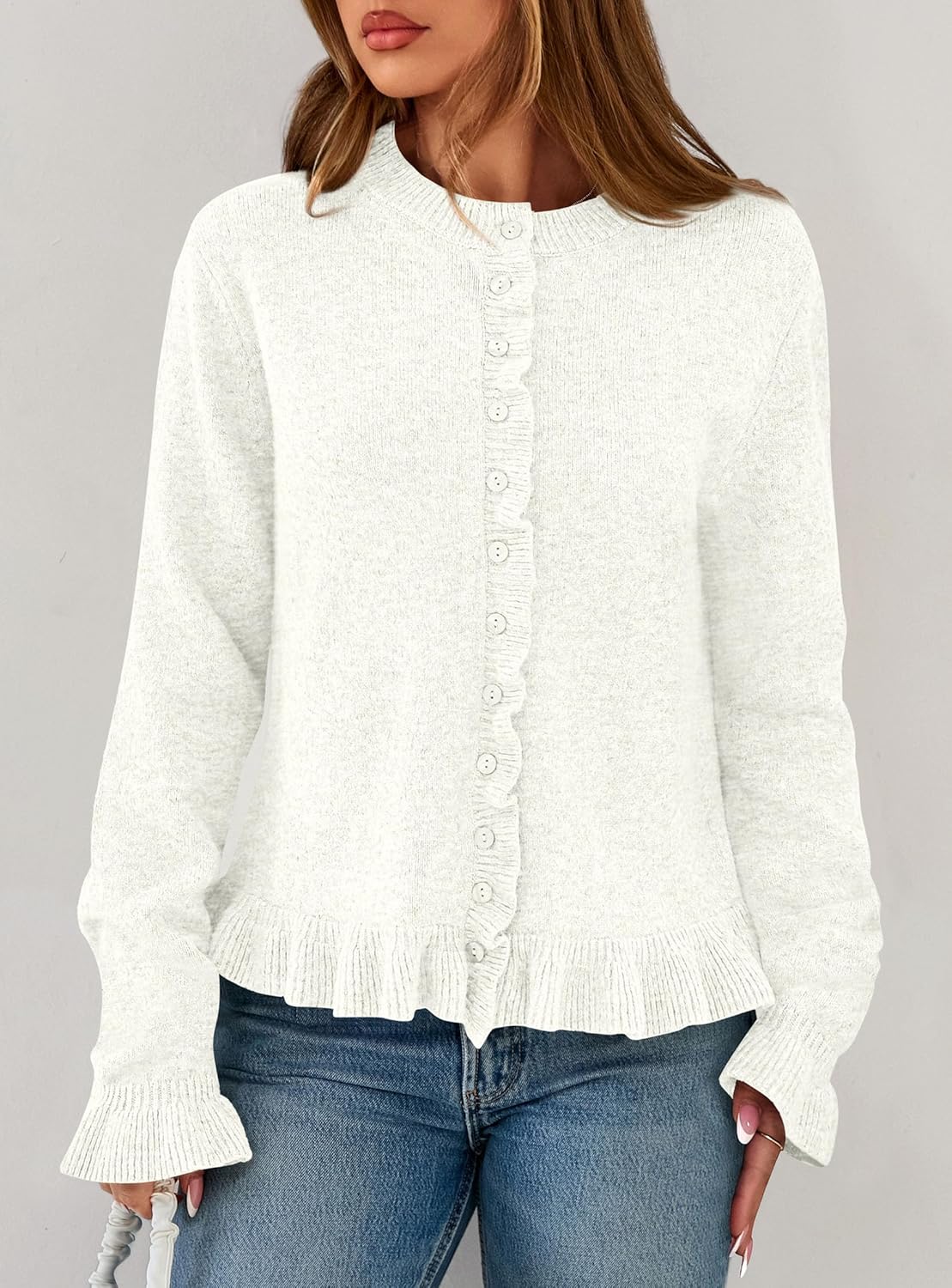 PRETTYGARDEN Womens Fall Button Down Cardigans Chunky Knit Ruffle Open Front Cropped Cardigan Sweaters Soft Long Sleeve Tops - Image 2