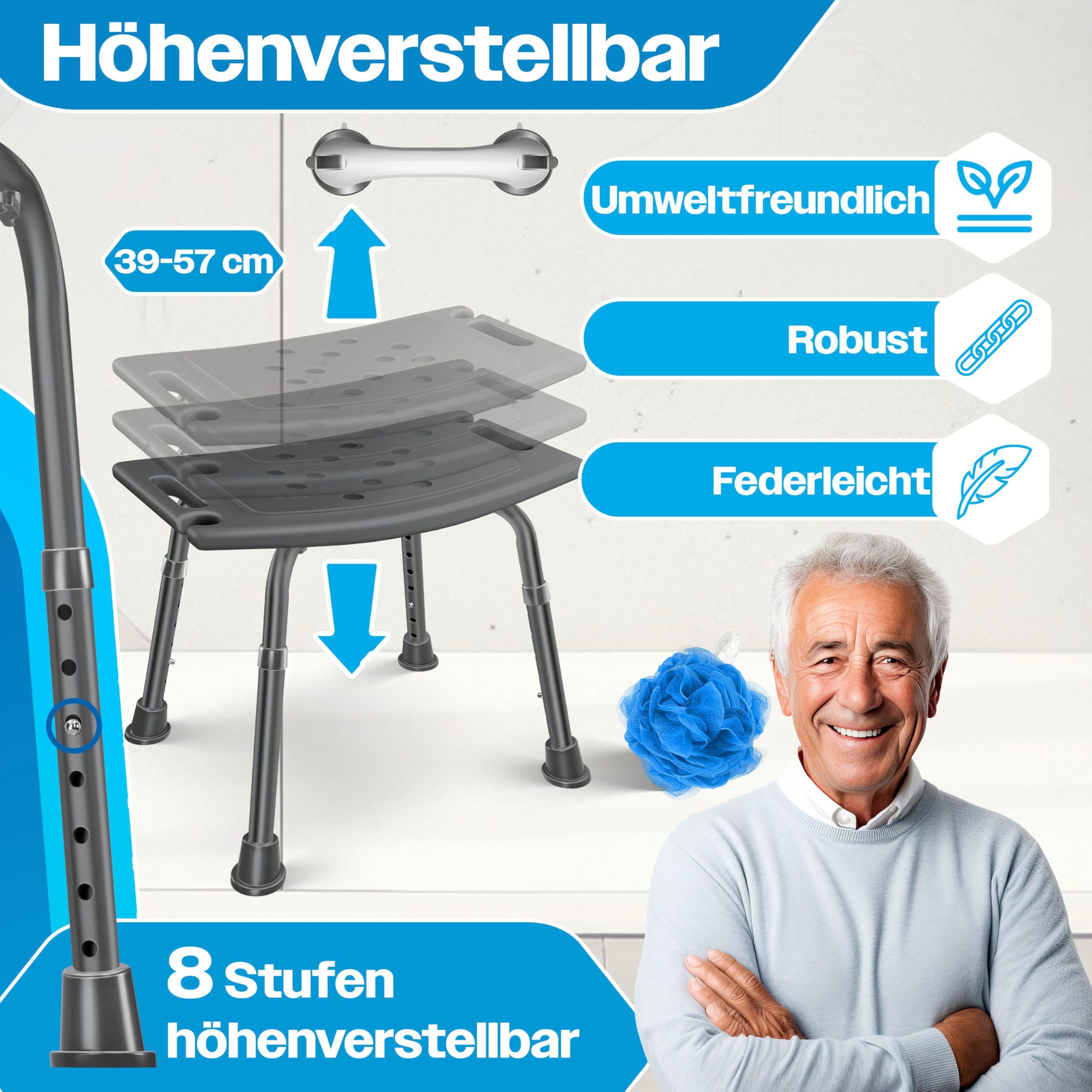 KESSER Taburete de ducha regulable | ligero taburete de baño antideslizante pies de goma silla de ducha soporta 136 kg | ayuda de ducha para personas mayores | asa de sujeción con ventosa | asiento de