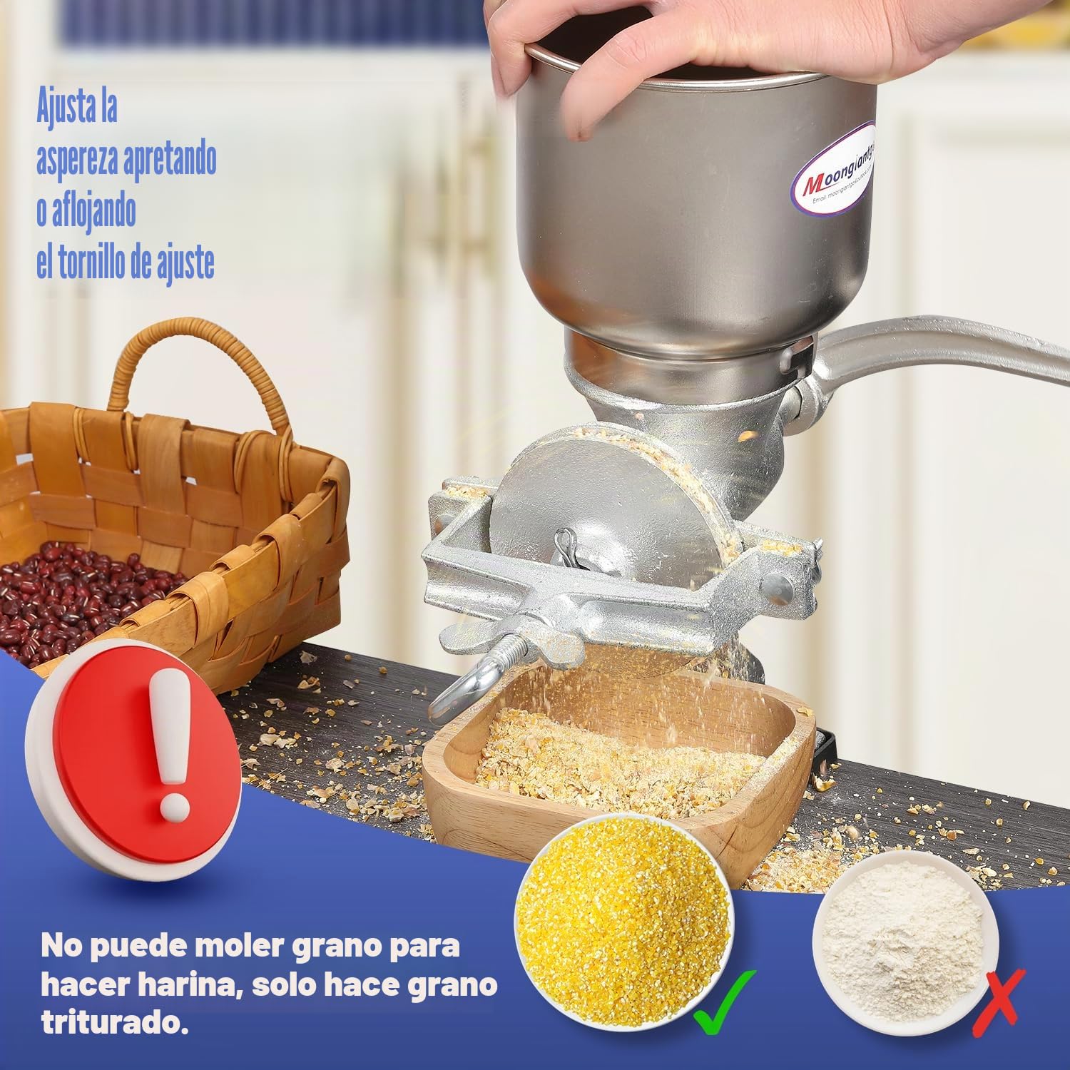 Moongiantgo Molinillo de Cereales Manual con 13cm Tolva Grande & 4cm Abrazadera de Mesa, Finura de Molienda Ajustable, Molino de Mano de Hierro Fundido, para Nuez, Café, Semillas, Maíz, Especias