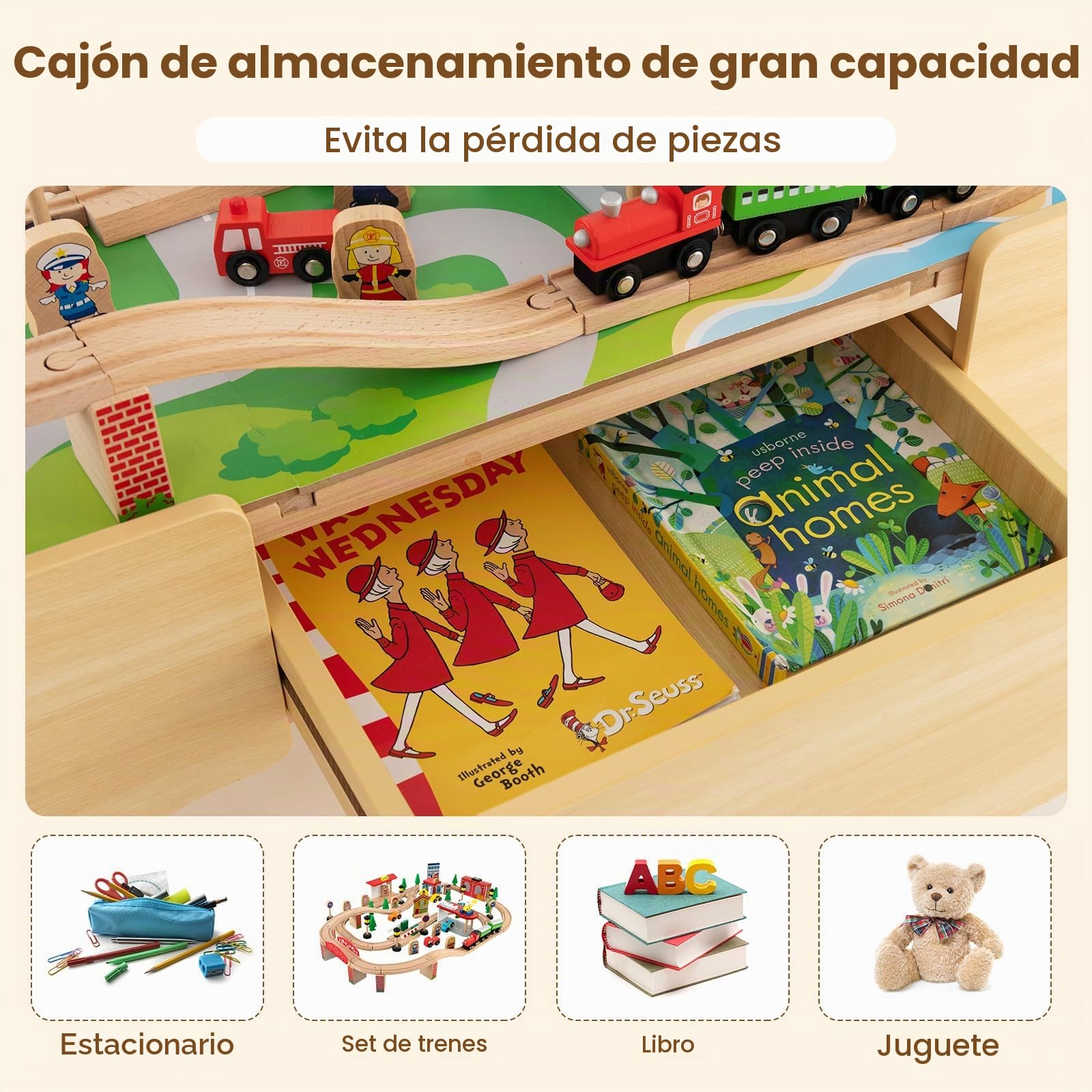 FANTASK Mesa de Juego de 84 Piezas de Madera, Juego de ferrocarril Infantil con Tablero y cajón Reversibles y extraíbles, Mesa de Actividades para Jugar, Pintar, Leer, Comer, Juguetes para niños a