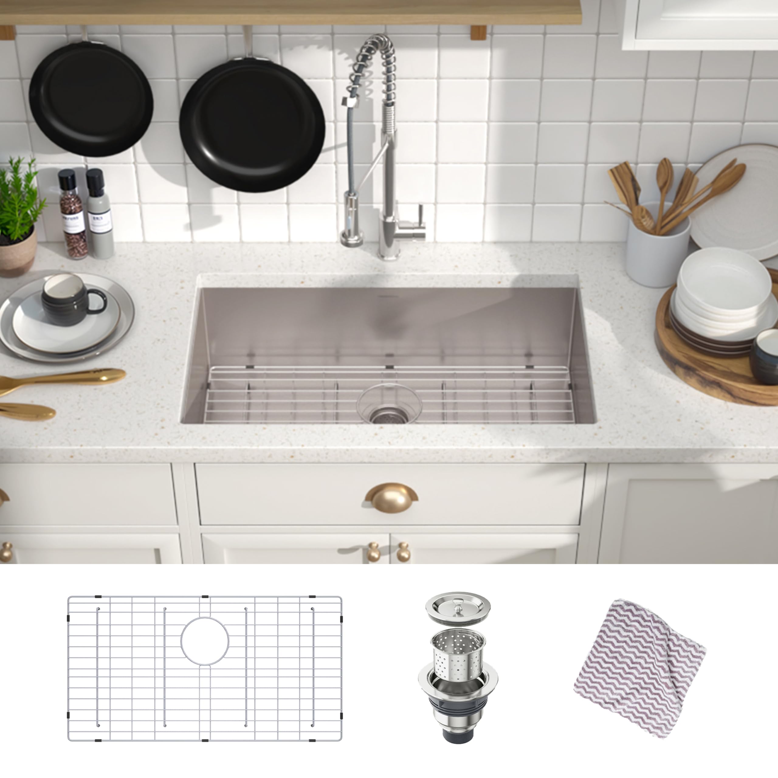 MENSARJOR Undermount Kitchen Sink, 304 Stainless Steel Round