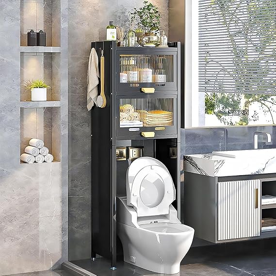 Adjustable Washing Machine Cabinet with 3 Shelves Telescopic Storage Rack Bathroom Organizer for Washer & Toilet Metal Washing Machine ShelfBlack