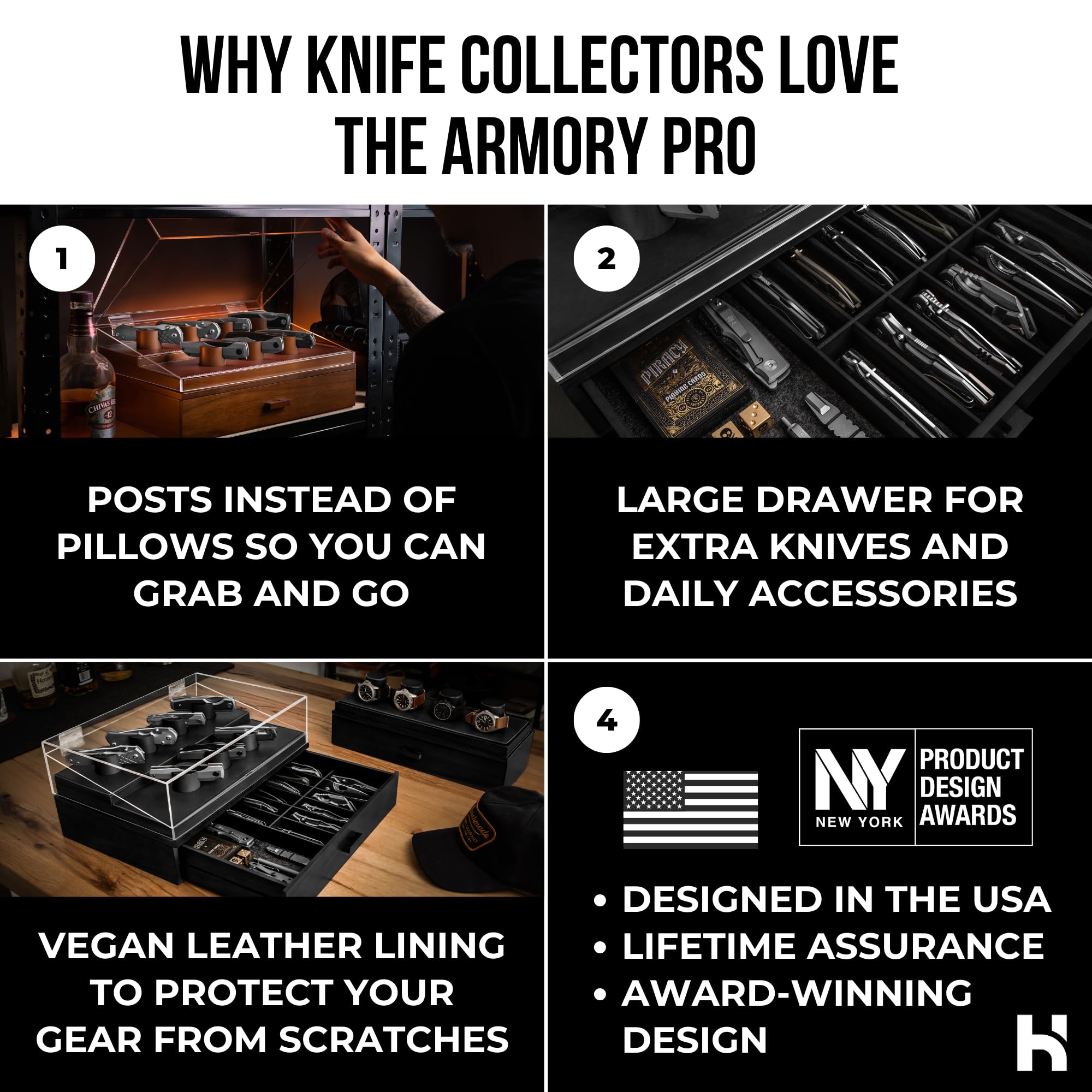 Holme & Hadfield Premium Knife Display Case for up to 30 Knives – Large Handcrafted Wooden Pocket Knife Organizer for Collections for EDC Collectors – Luxury Built to Last