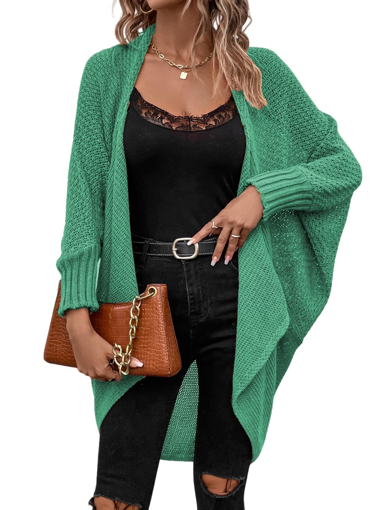 Liuyuyougo Women's Green Waterfall Cardigans For Oversized Batwing Sleeve Top Long Crochet Boyfriend Cardigans Open Front Sweater Coat Elegant Chunky Knit Cardigan Outerwear S