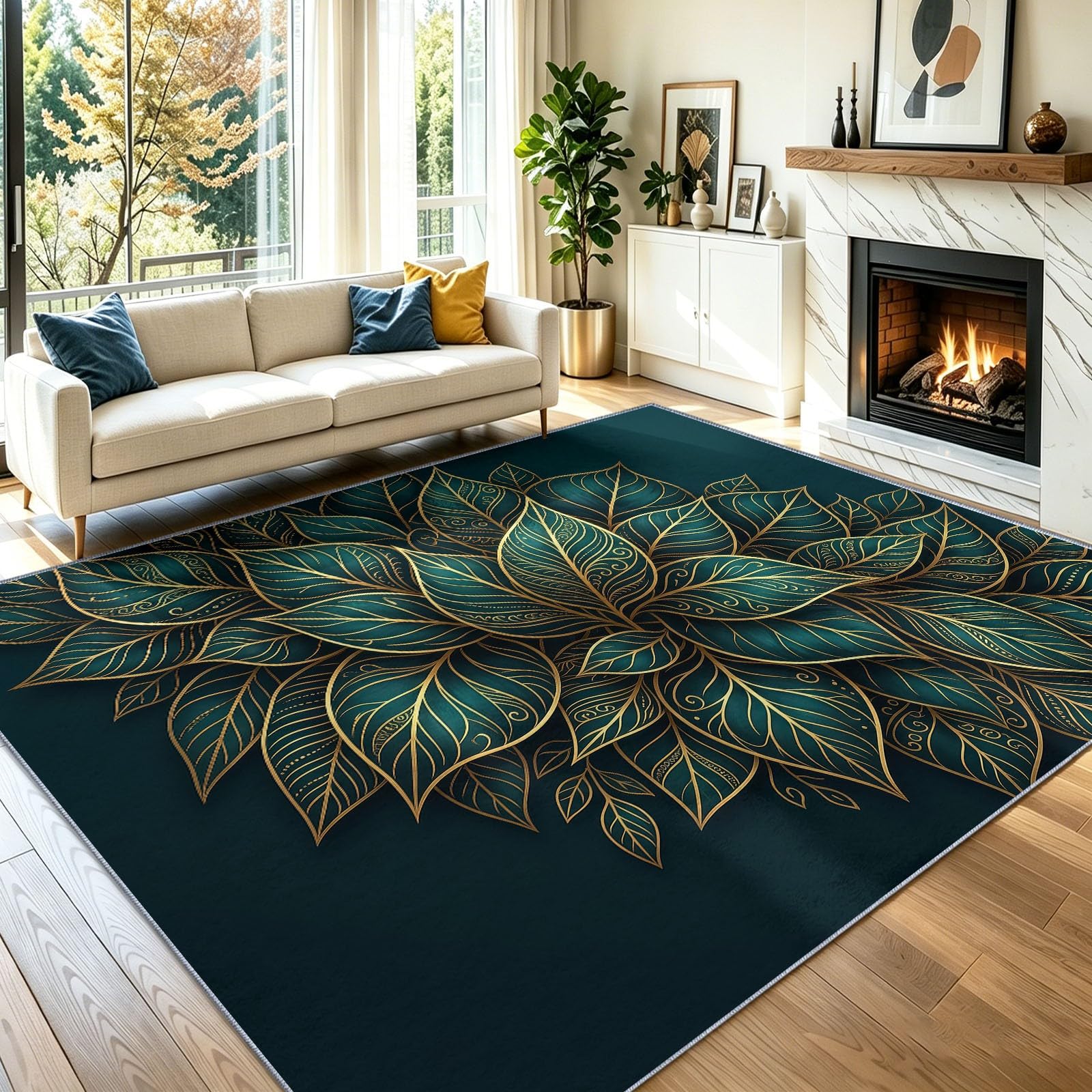 Wohnzimmer Teppich – Modern Leichter Luxus, Abstrakt Blätter Goldene Linien, Esszimmer Schlafzimmer Küche Flur, Waschbarer Rutschfester Teppich, 180 x 240 cm Gold Grün