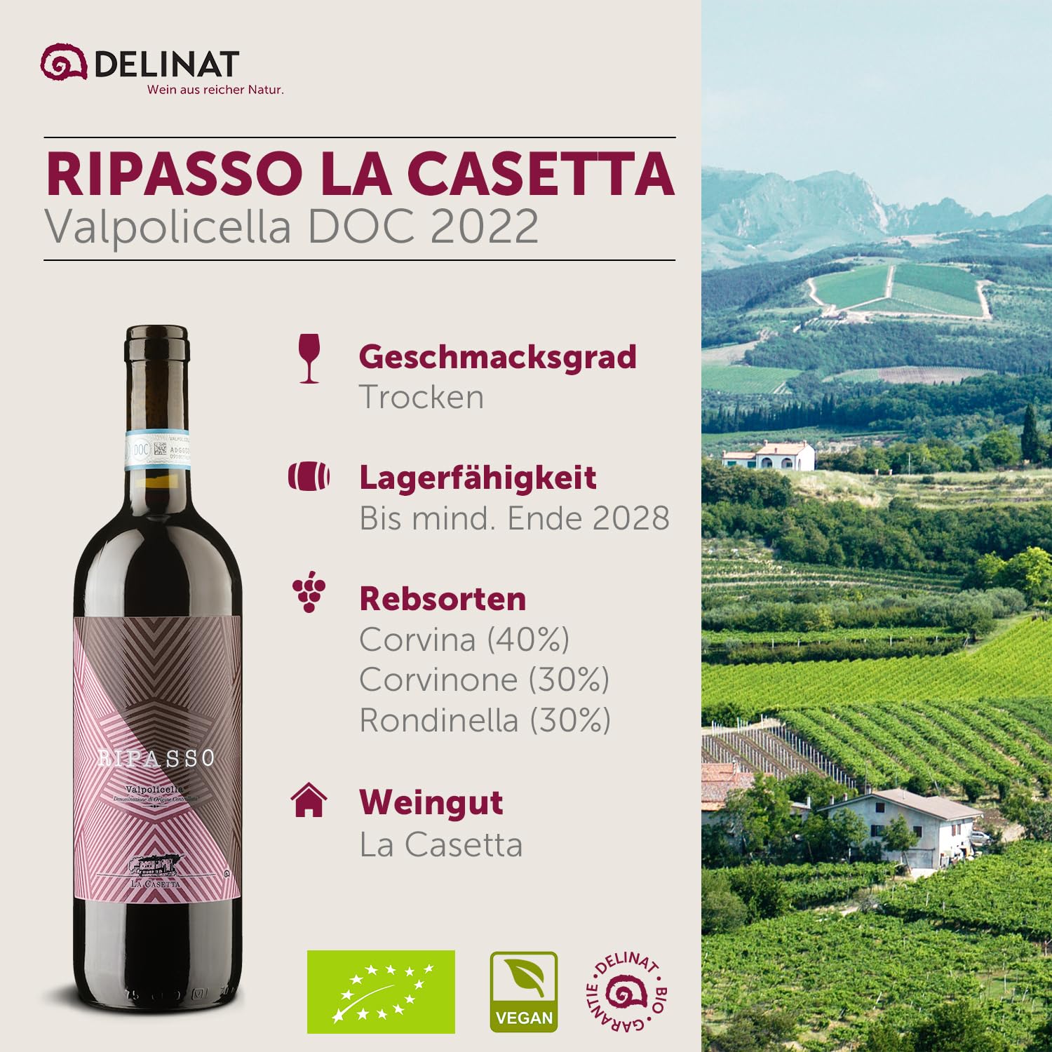 DELINAT Bio Rotwein Set Bella Italia – 6 Flaschen Italien Probierpaket | Rotwein aus den Rebsorten Primitivo, Ripasso & Nero d'Avola – 5x trocken, 1x halbtrocken, veganer Premium Wein 6 x 0,75l