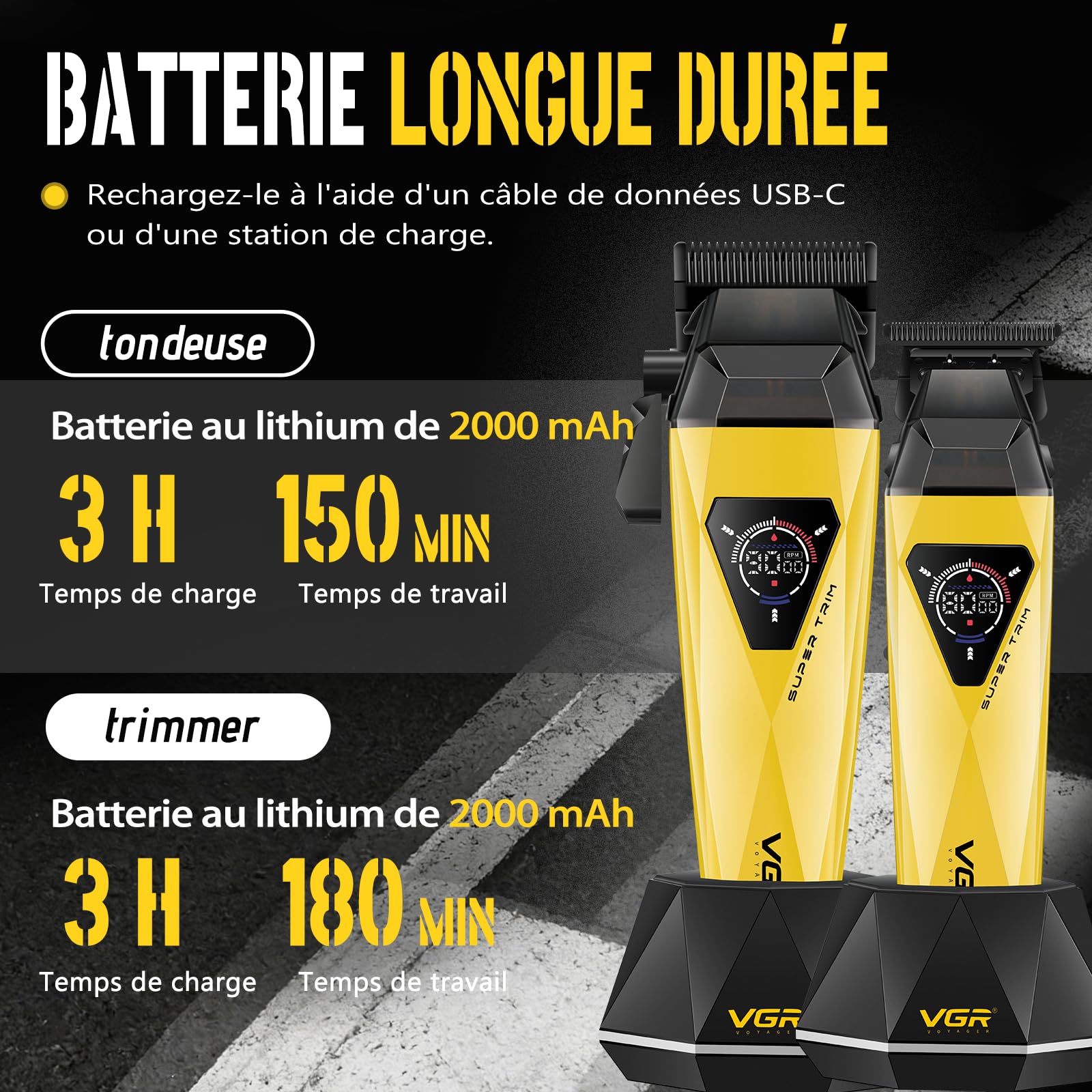 VGR 877S2 Tondeuse Cheveux Hommes Professionnel Set, Zero Gap Tondeuse Barbe et Cheveux Homme Sans Fil avec Moteur 8000/9000 tr/min, Kit Coiffure Homme avec Station de Charge et Écran LED, Or