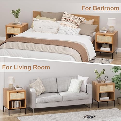 Miniatura 7 de XIAO WEI Juego de 2 mesitas de noche de ratán natural, mesita de noche bohemia con cajón y estante abierto, mesa auxiliar de caña decorativa para