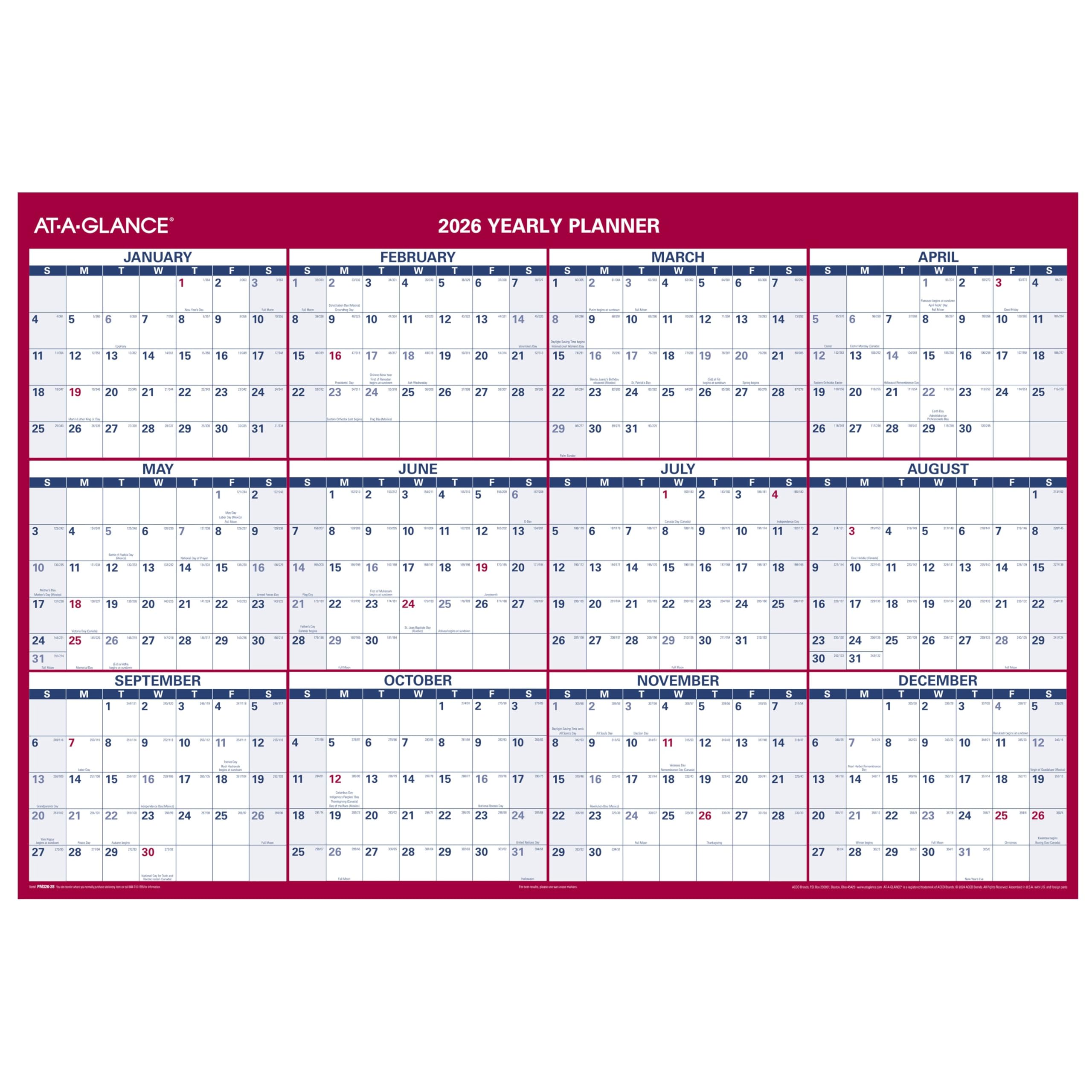 AT-A-GLANCE 2026 Erasable Calendar, Dry Erase Wall Planner, 48" x 32", Extra Large, Vertical-Horizontal, Reversible (PM3262826)
