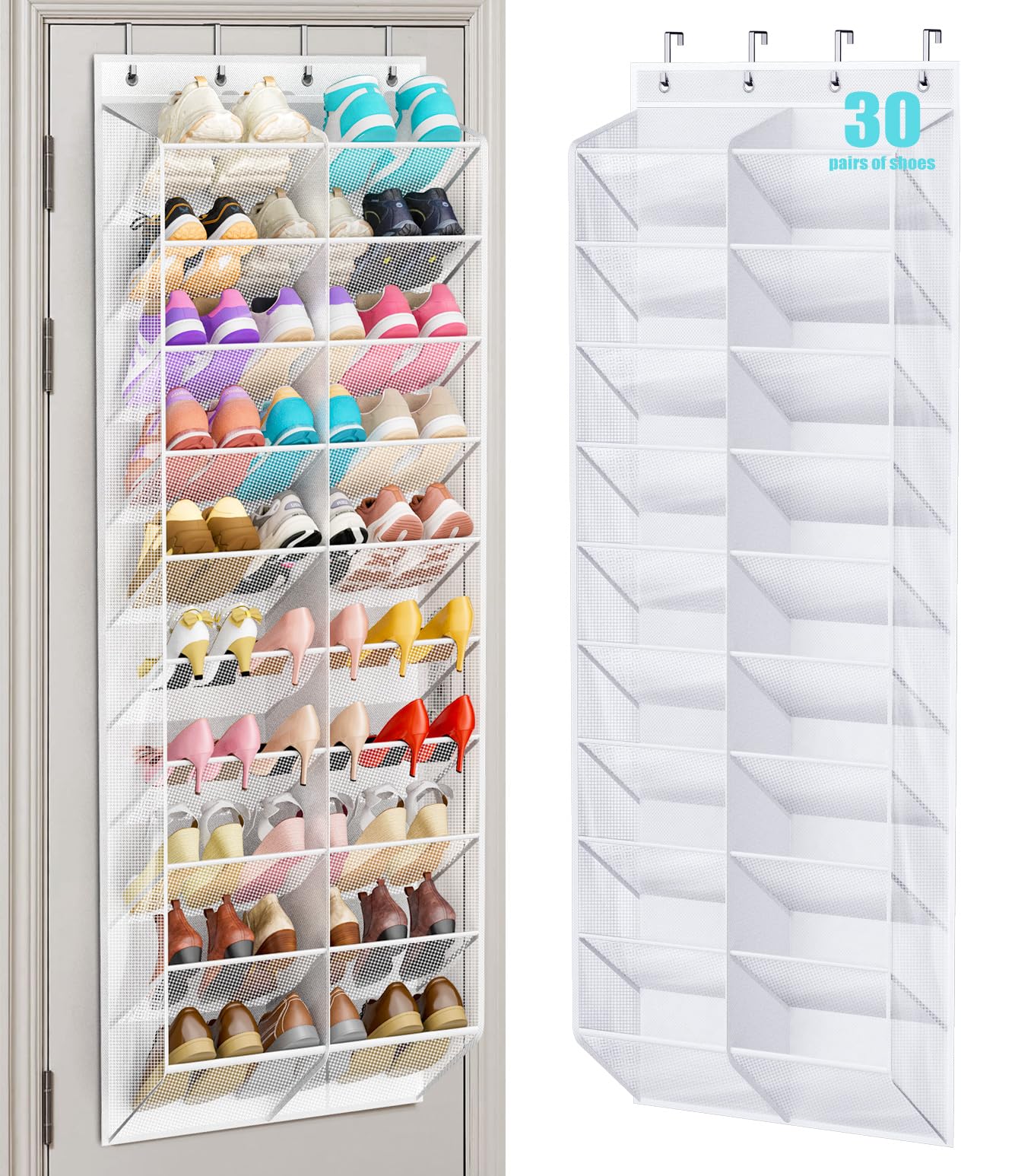 MISSLO 30 Pairs Door Shoe Rack Hanging Shoe Organiser, Breathable Over Door Shoe Storage with 20 Wide Pockets, 10 Tiers Shoes Organizer for Wardrobe Door Storage Fit Boots Holder Hanger (White, 71")