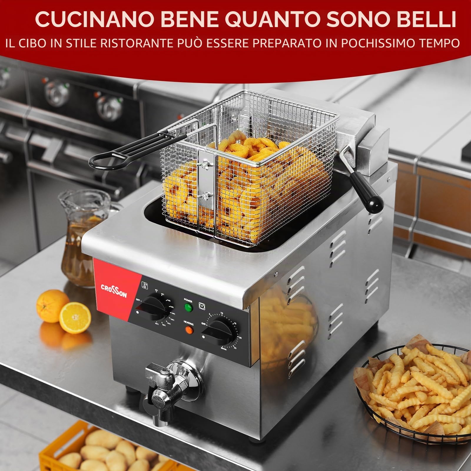 CROSSON Friggitrice Professionale 8 Litri,230V/3250W Friggitrice Elettrica ad olio Commerciale in Acciaio Inox con Rubinetto di Scarico,Controllo Temperatura 80-200°C,per Cucina Ristorante