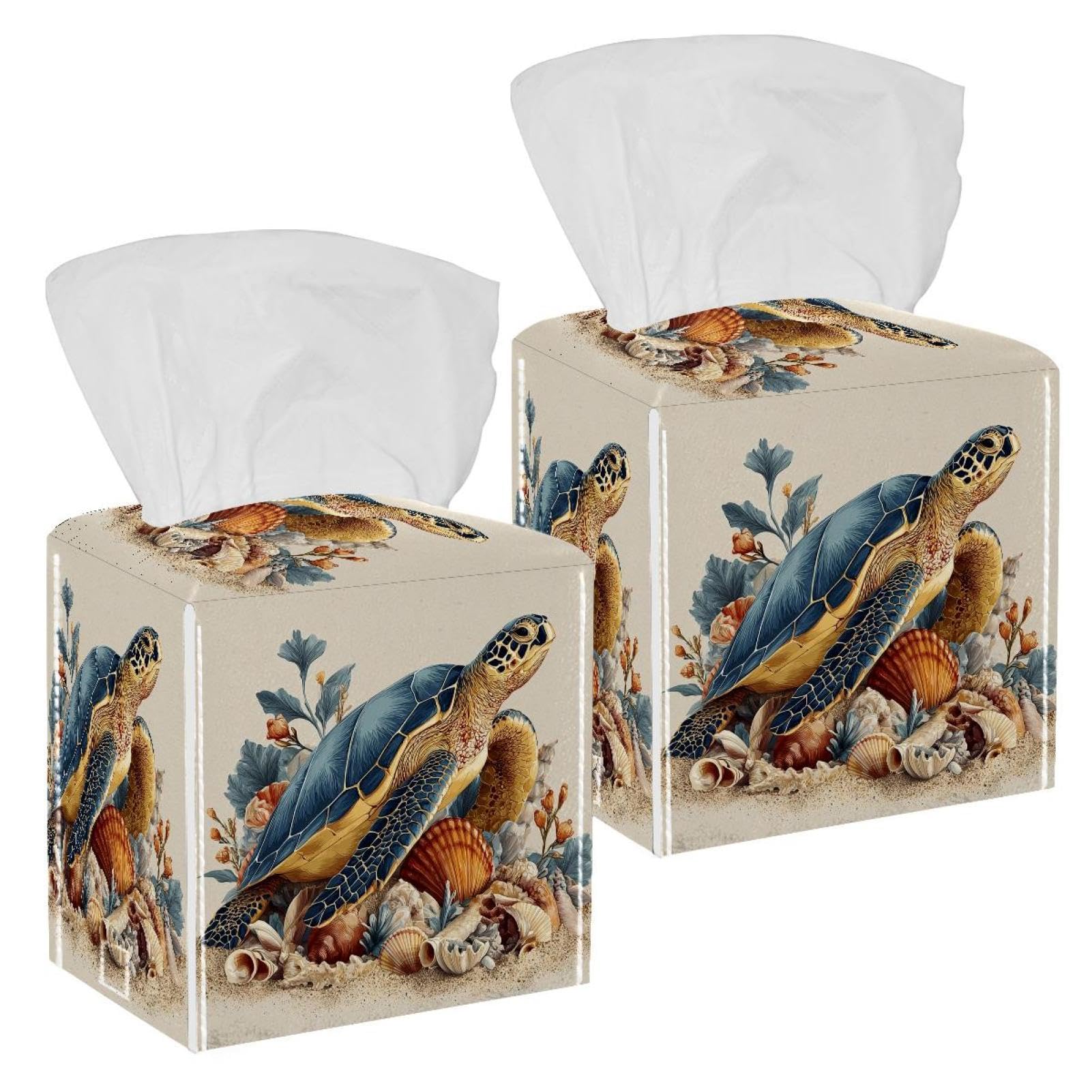 Sea Turtle Tissue Box Cover, 2 Pack PU Leather Square Facial Tissue Dispenser Box holder for Home Office Car