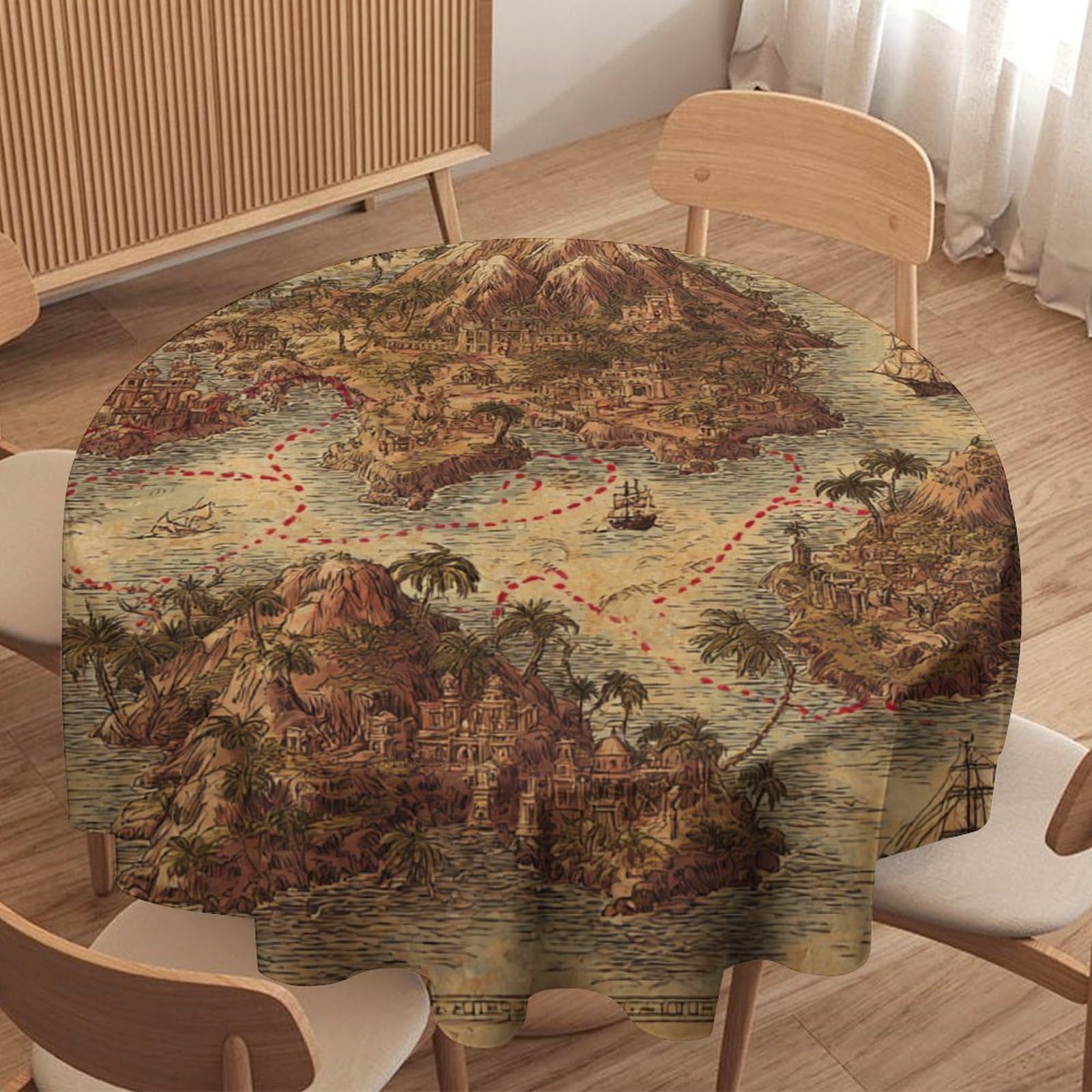 LUYYSKY Cool Abstract Treasure Map Round Tablecloth Classic Oil Painting Antique Map Pirate Ship Tropical Palm Trees Compa Washable Decor for Table Cover for Kitchen-91.4" Wx91.4 L cm