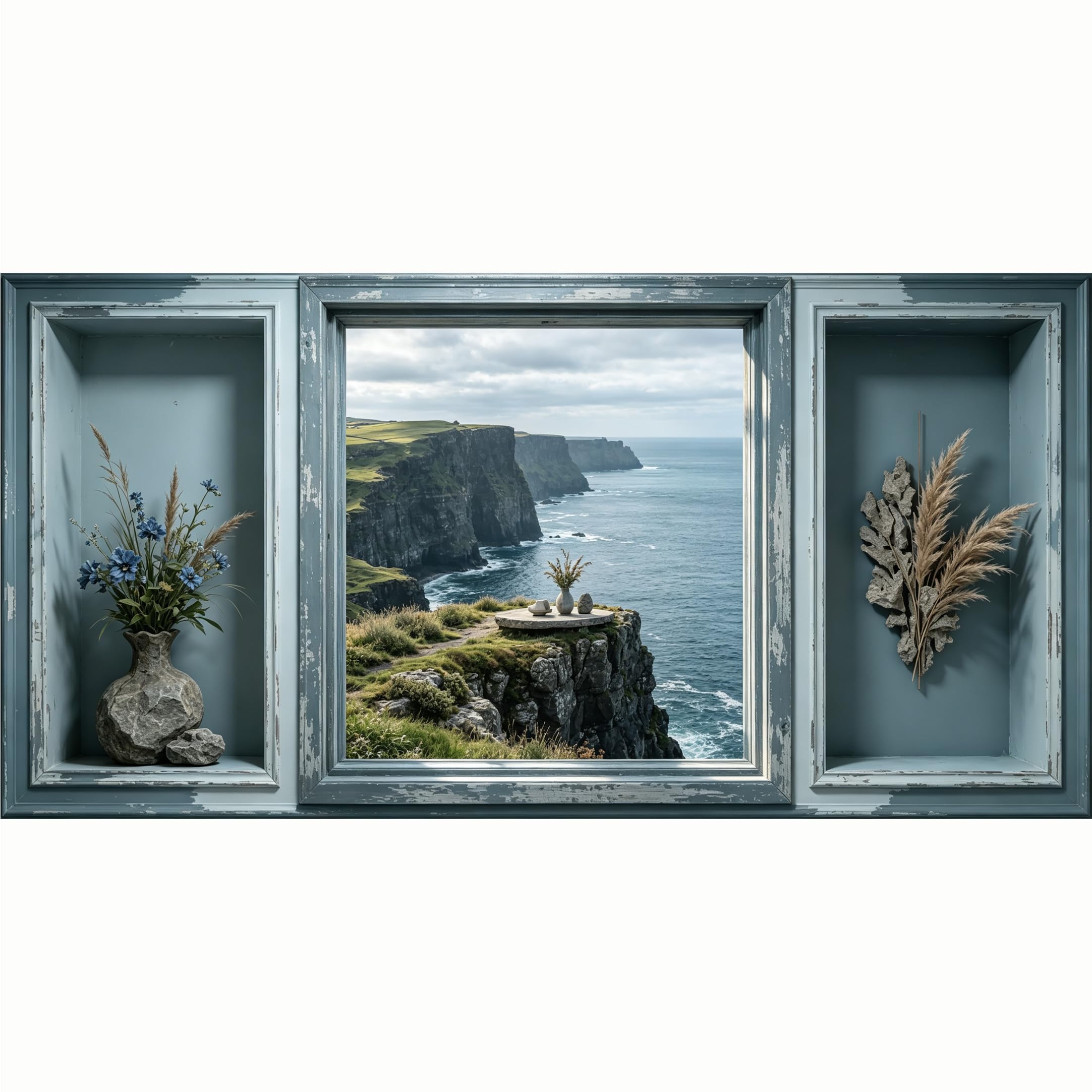QZLITHOTIC 50x100cm 3D Framed Wall Art， Coastal Cliff Ocean View Window Self‑Adhesive Mural， Water‑Activated Peel & Stick Fabric Decor Wall Decal for Bedroom Living Room