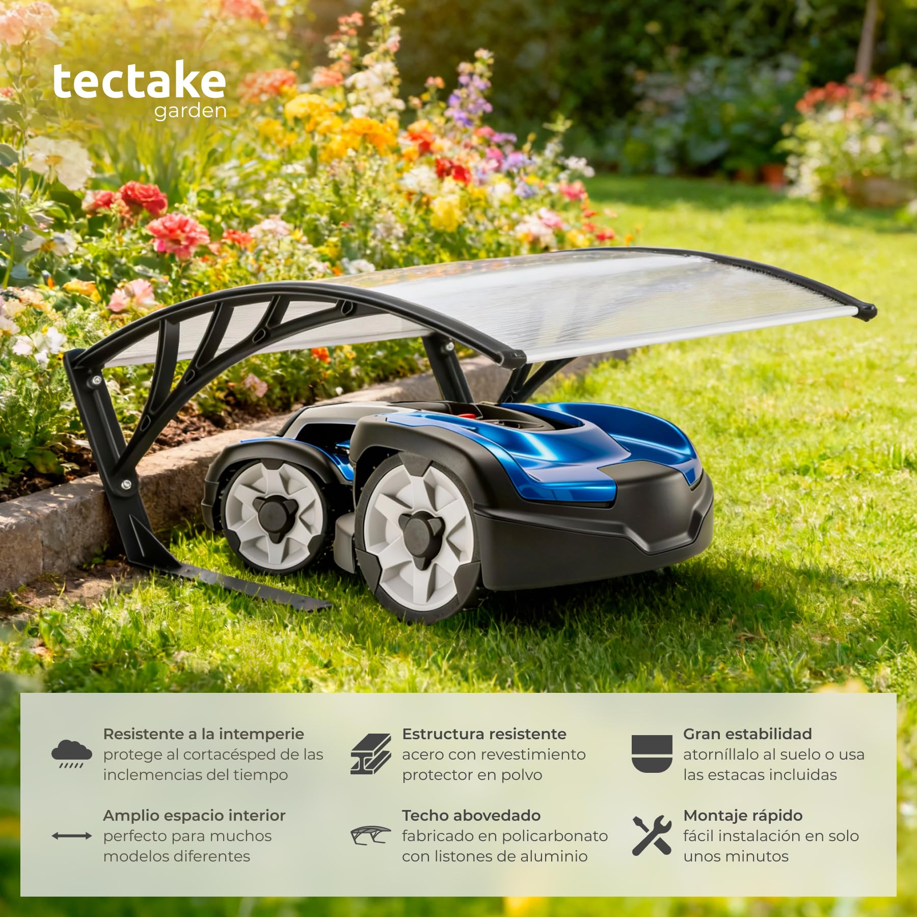 tectake® Garaje para Robot Cortacesped con Estructura Metálica Reforzada, Techo Abovedado Robot cortacesped para Drenaje Eficiente, Casa Jardin Lluvia - 100 x 81 x 48 cm Transparente