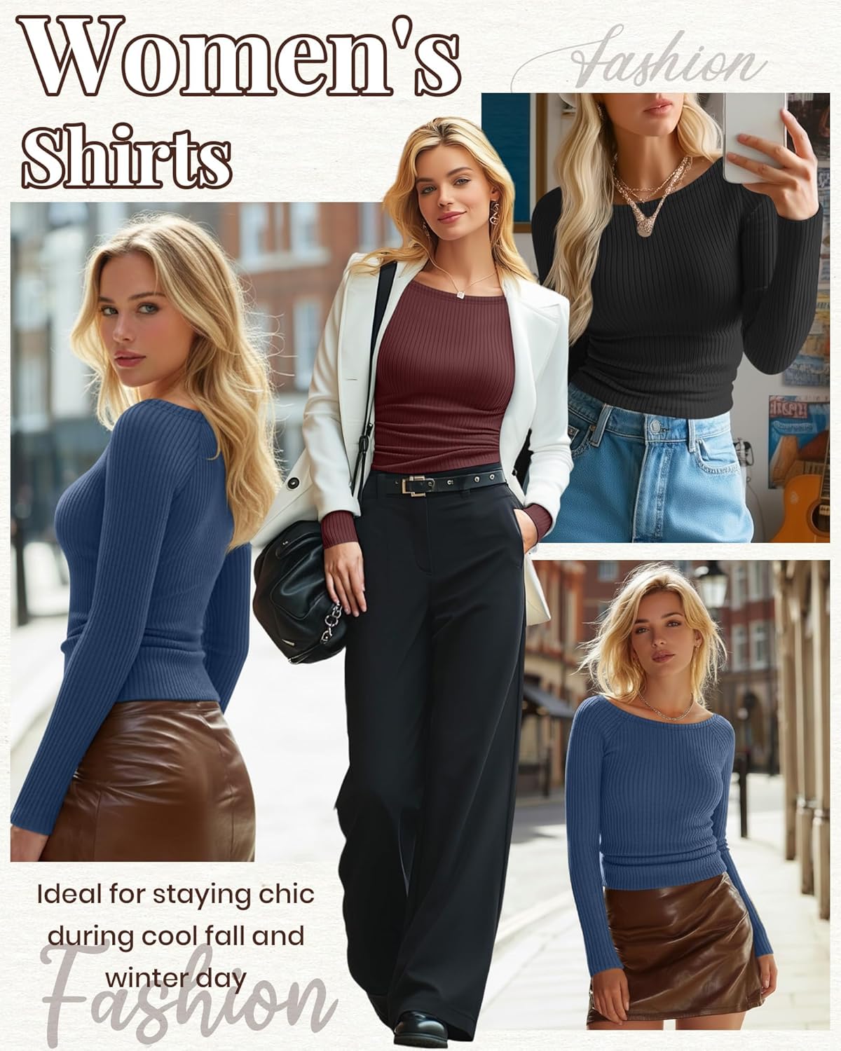 3 Pack Women's Long Sleeve Tops Ribbed Cotton Boat Neck Fitted T Shirts Basic Casual Ruched Tees - Image 4