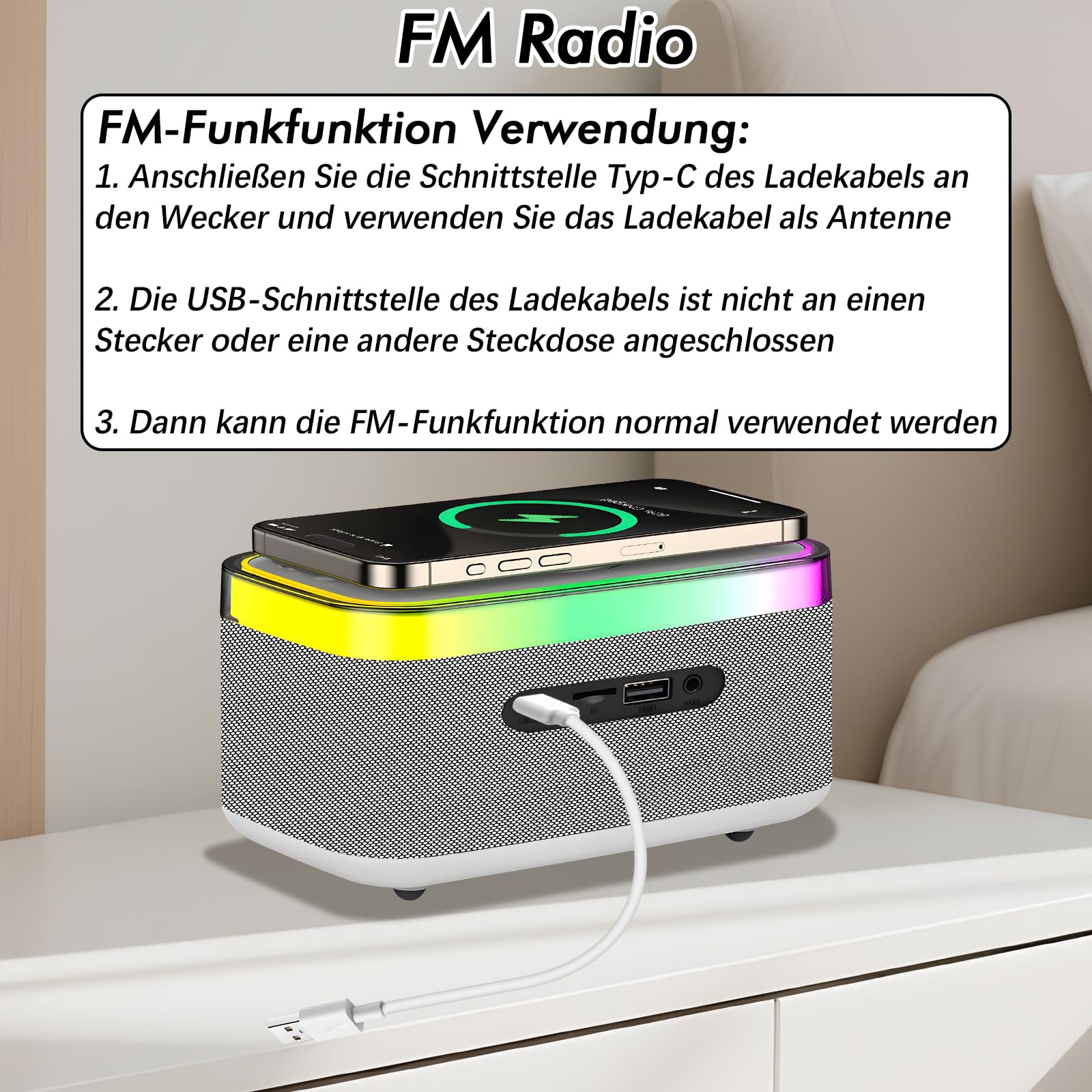 Radio wecker Digital mit Ladestation, 15W Fast Wireless Charger, Digitaler Radiowecker mit Bluetooth Lautsprecher, 13 LED-Leuchten, USB-Kabelloser Ladegerät, FM-Radio, Smart Wecker mit ladefunktion
