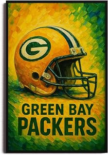 SPASAV (Unframed 11"x17") Packers Helmet Canvas Print – Oil Painting Style Wall Art Poster for Green Bay Football Fans, Game Room or Man Cave Decor