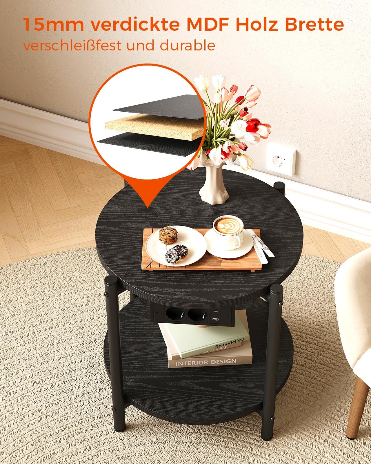 IRONCK Beistelltisch Rund Mit Steckdose - Couchtisch Mit USB & Type-C