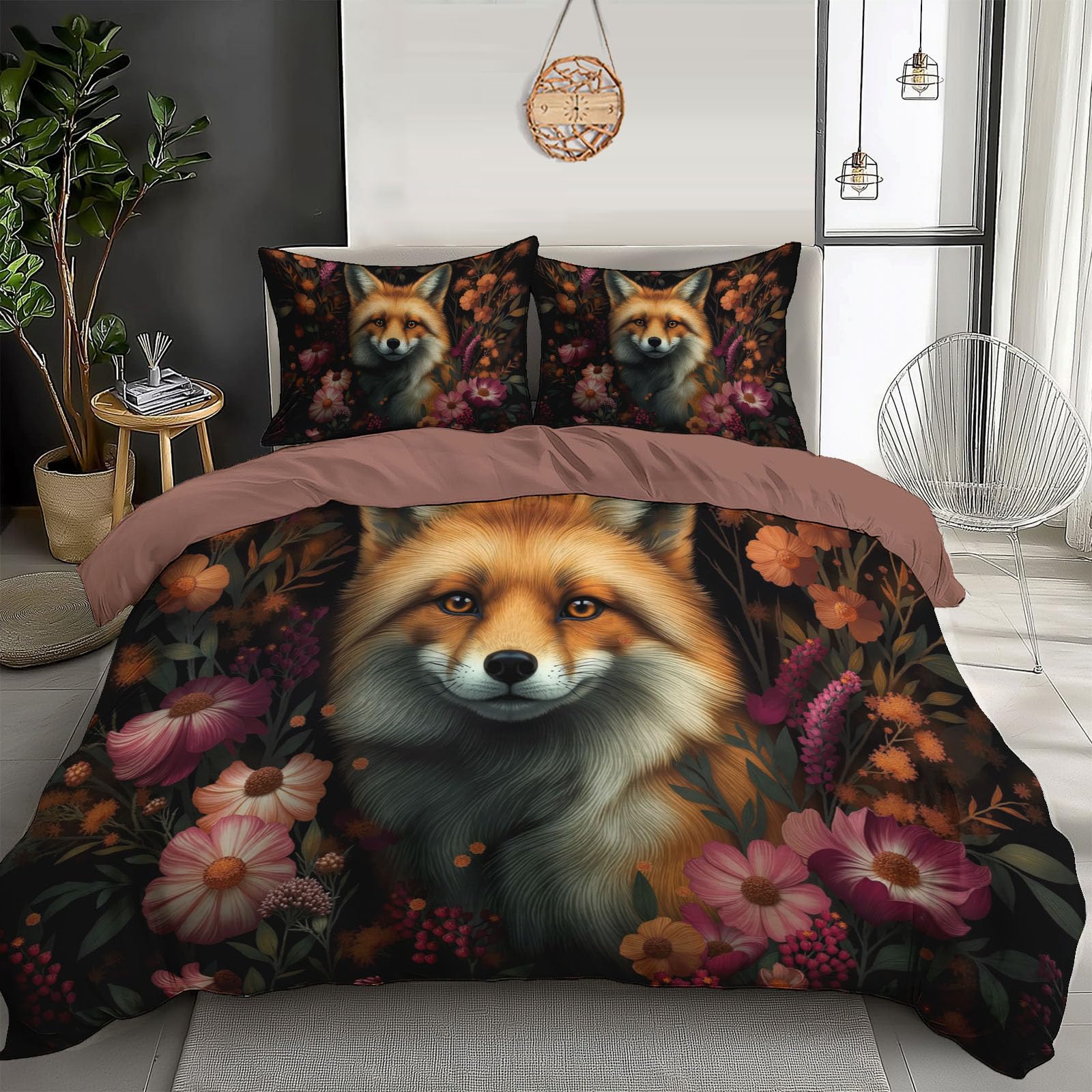 Parure de lit de luxe en microfibre imprimée avec motif renard et fleurs