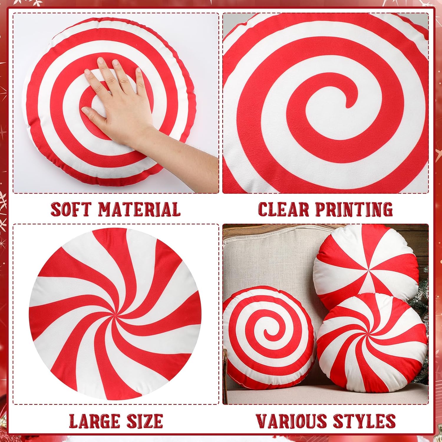 Kigley 3 Pcs Christmas Candy Cane Throw Pillow Red White Round Spiral Lollipop Pillow Xmas Home Gift Set for Bedroom Bed Sofa Bench Couch Chair Cushion Holiday Decoration, 13.8 Inch