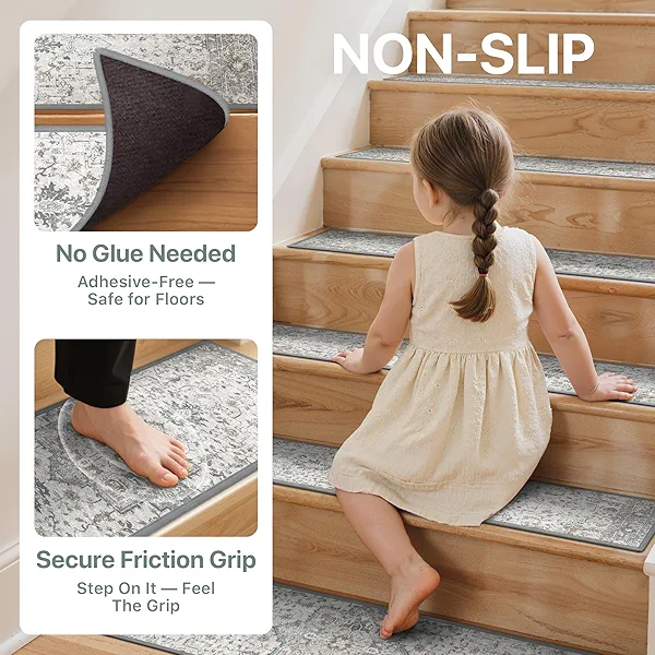 sarben Non Slip Stair Treads for Wooden Steps 15PCS - 8"x30" Indoor Safety Carpet, Edging Mats with TPE Adhesive Backing, Pet and Elderly Friendly Stair Rugs (Taupe)