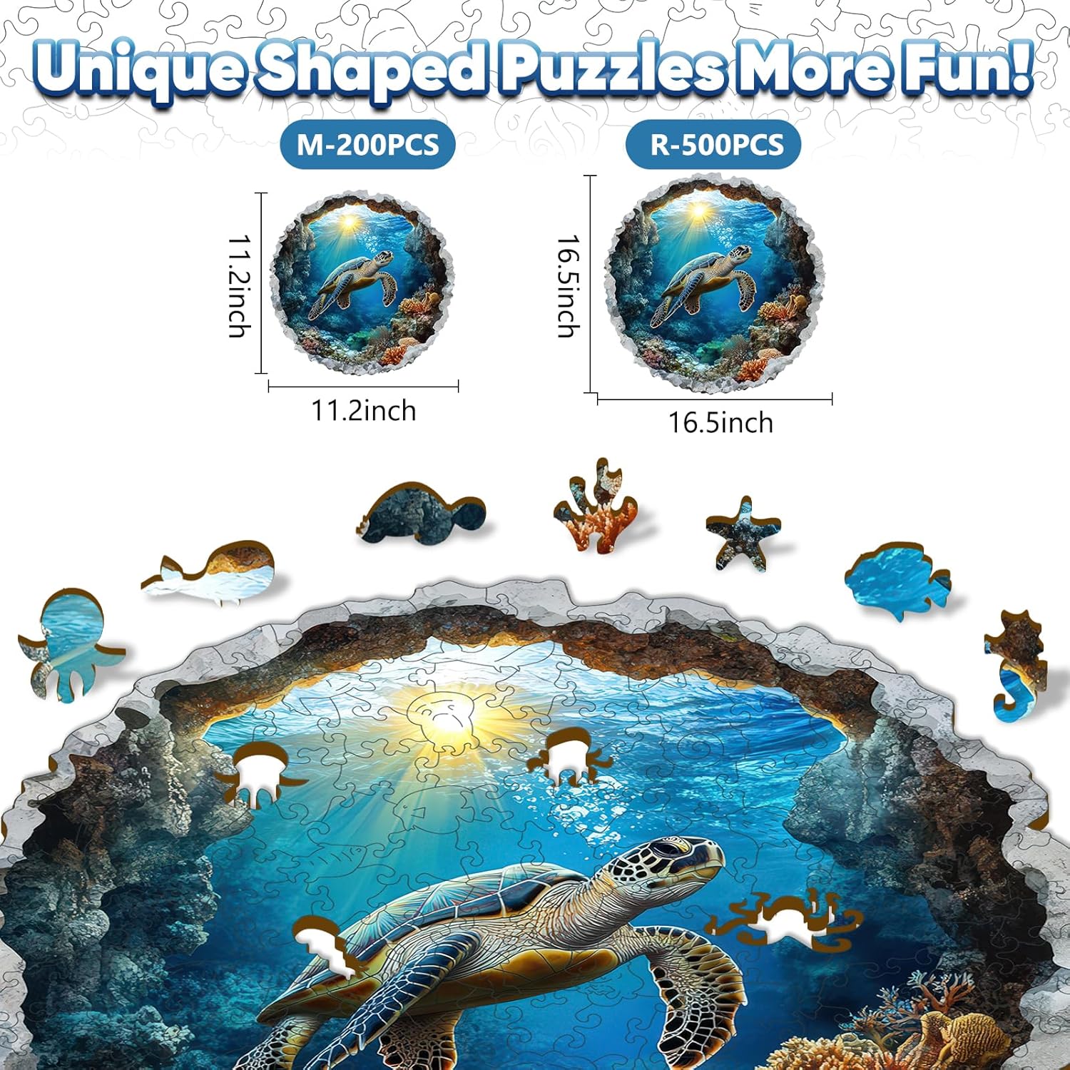 Leodozzio Wooden Puzzles 500 Pieces, 3D Vision Effect Sea Turtle Ocean Jigsaw Puzzles, Unique Shaped Animal Wood Puzzle for Adults & Kids, Artistic Gift for Puzzle Lovers, 16.5x16.5 Inch