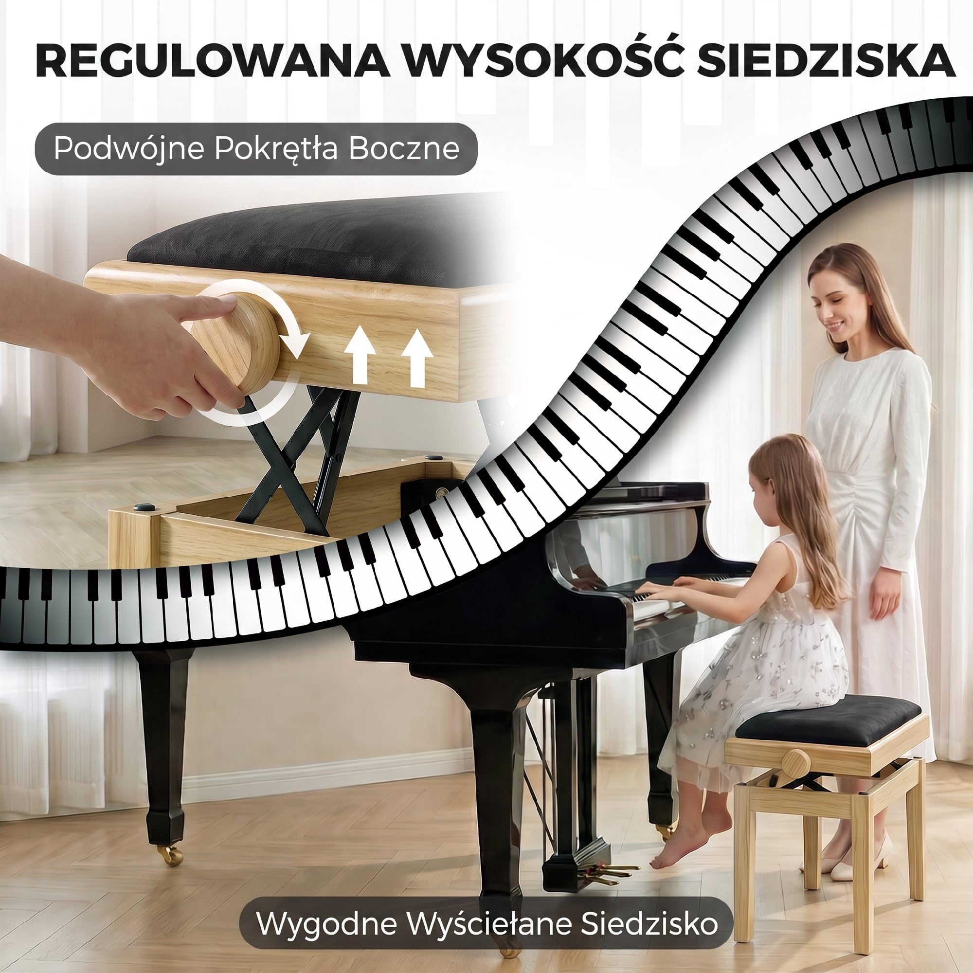 HOMCOM Panchetta per Pianoforte Regolabile in Altezza, 24,2'' con Cuscino Imbottito Effetto Velluto, Gambe in Legno di Caucciù, Finitura Naturale, per Camera e Soggiorno