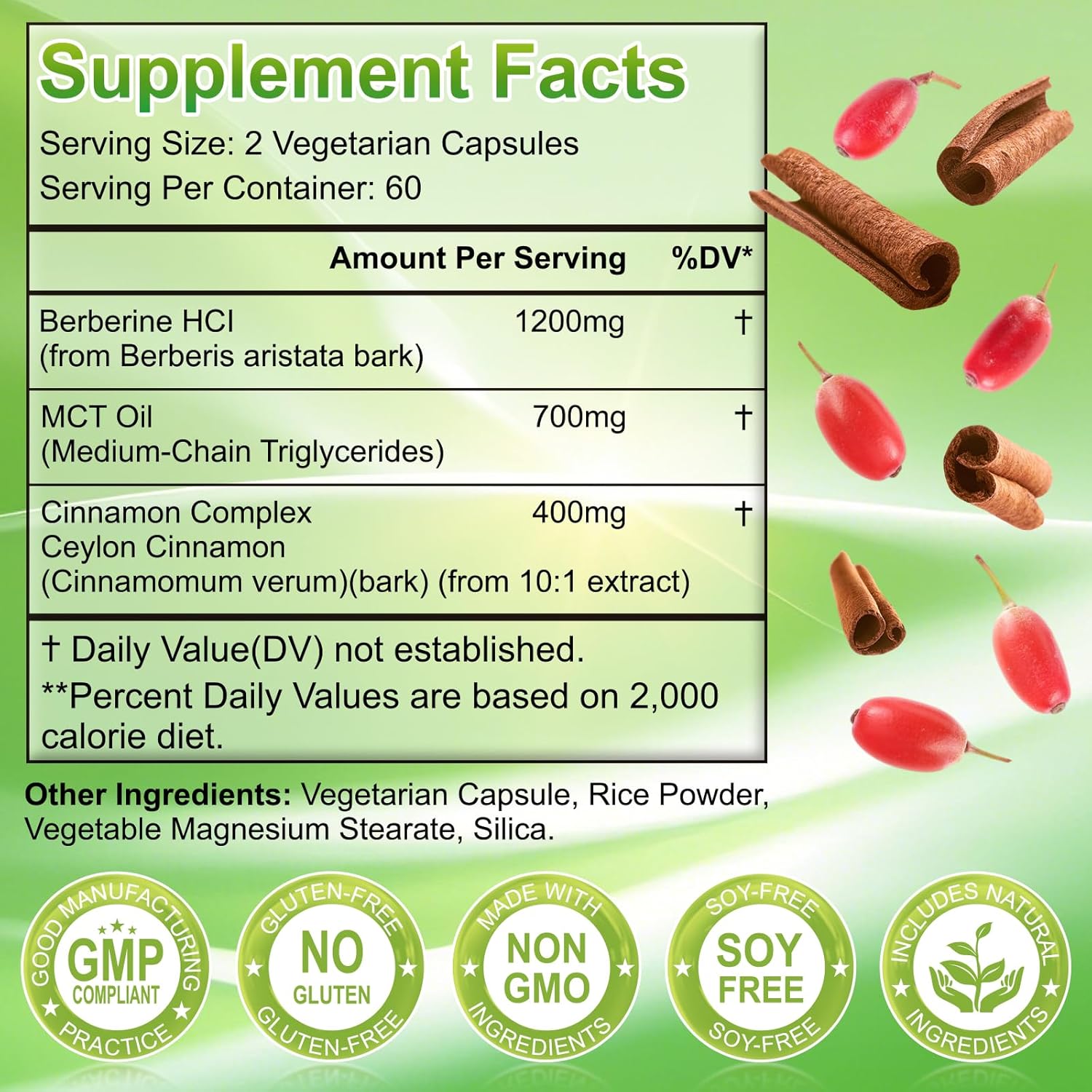 Berberine with Ceylon Cinnamon, 1200mg Berberine HCL & MCT Oil for Enhanced Absorption – Supports Gut Health, Gluten-Free &,Dairy-Free – 120 Capsules - Image 2