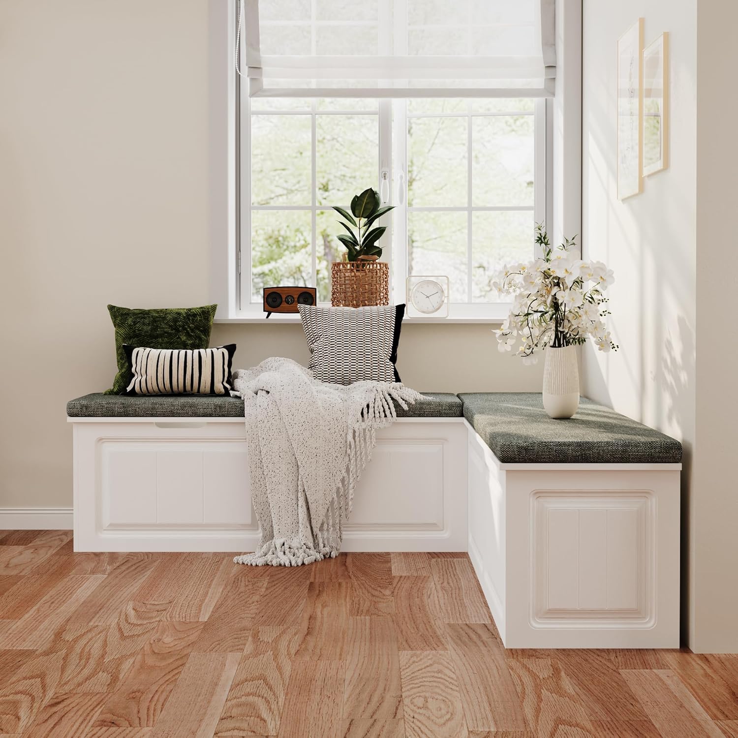 ECACAD L-Shape Wood Shoe Storage Bench with Cushion Seat, 2 Doors & 4 Storage Compartments, Entryway Corner Bench with Padded Seat & Framed Patterns for Hallway, White & Grey