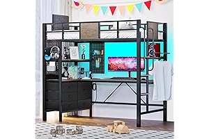 Twin Loft Bed with Desk, RGB LED, Charging Station, Cabinets and Pegboards