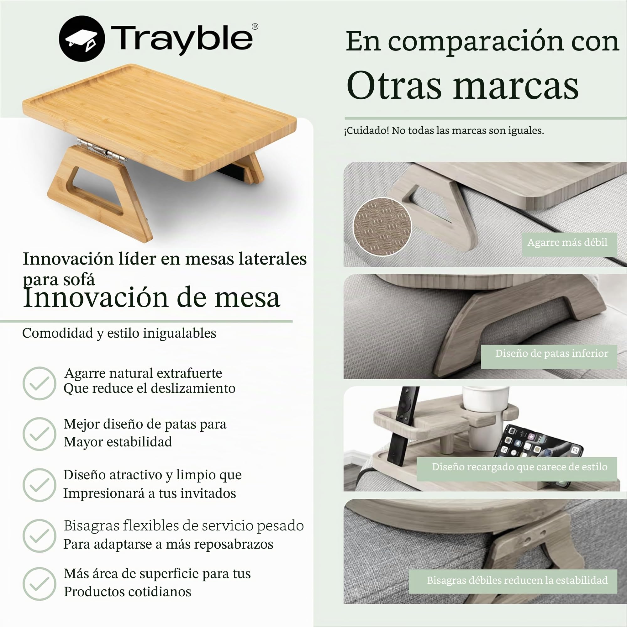 Shamrock Home Mesa de bambú con reposabrazos para sofá, bandeja de clip para sofás, bandeja para sofá para cenas de TV, mandos a distancia, bebidas, aperitivos y espacios pequeños, 13.7 x 9.5 pulgadas