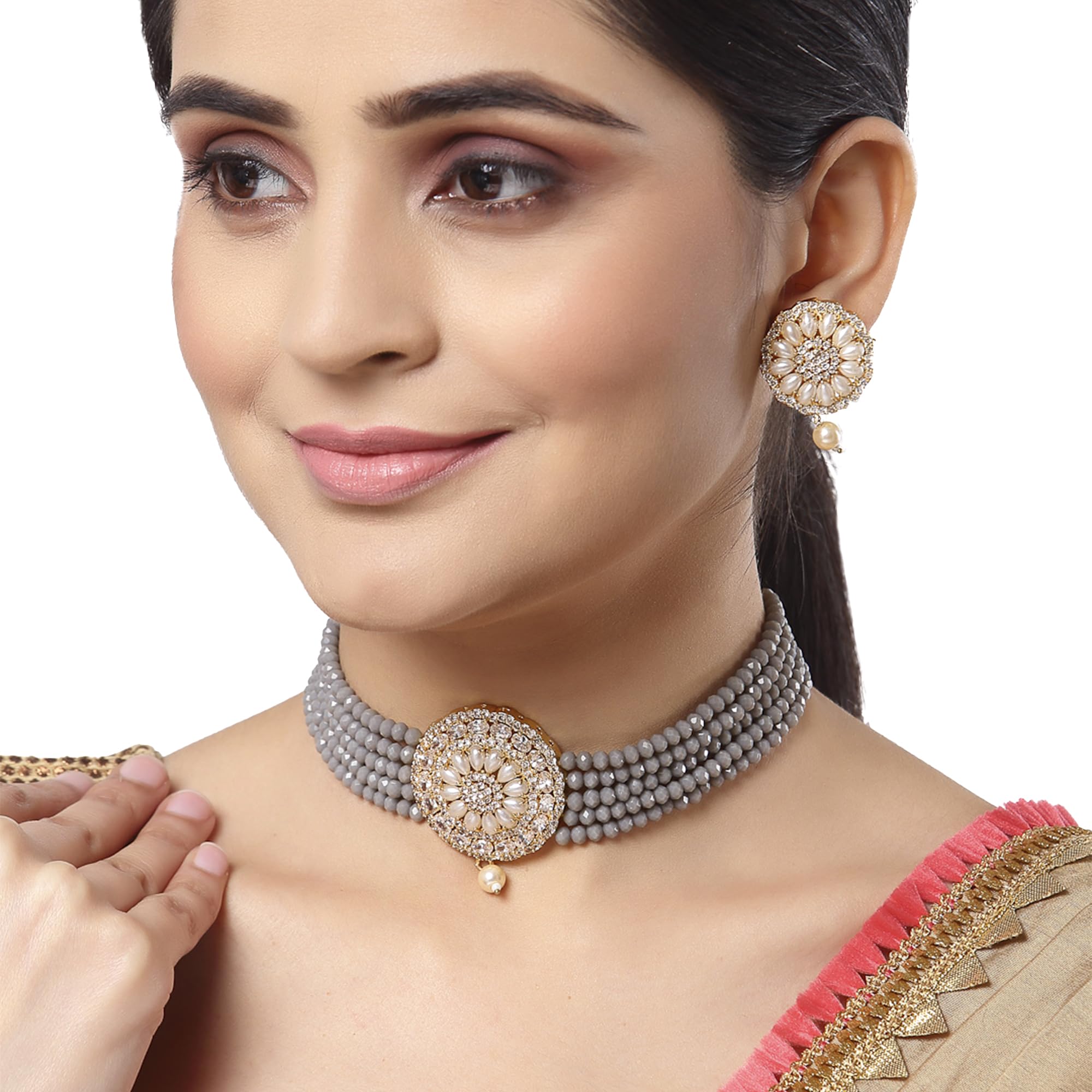 American Diamond Plated Brass Pearl Choker Necklace Set