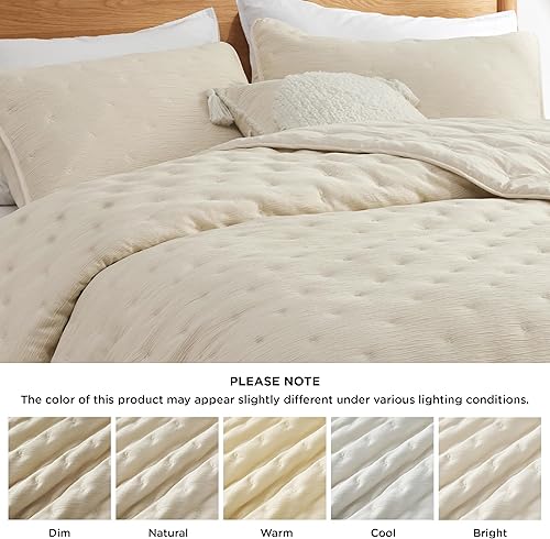 Miniatura 6 de Bedsure Colcha beige tamaño King  Juego de ropa de cama ligero y suave para todas las estaciones, juego de edredón de punto de cruz, 3 piezas, 1