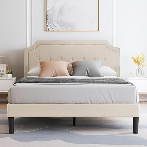 Miniatura 134 de VECELO Base de cama de plataforma de tamaño matrimonial con cabecera tapizada de tela y soporte de listones de madera, no necesita somier, fácil