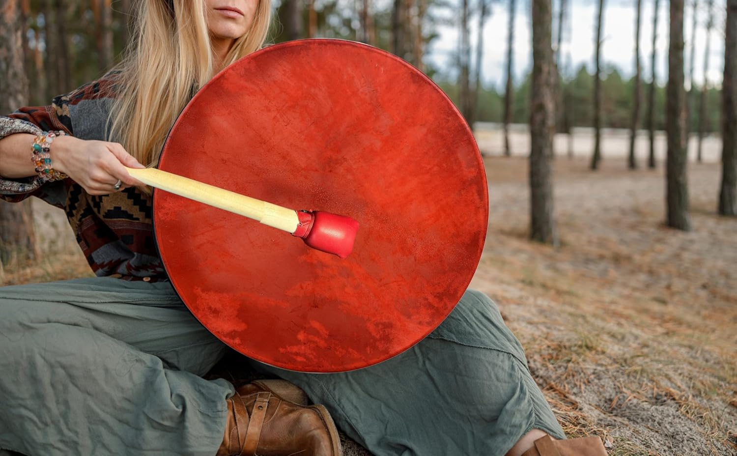 ARAW American Shamanic Native Style Drum,Bison Natural Hide, Mulberry Wood Frame, Mediction Drum Red Color (16 Inches Diameter X 3 Inches Depth)