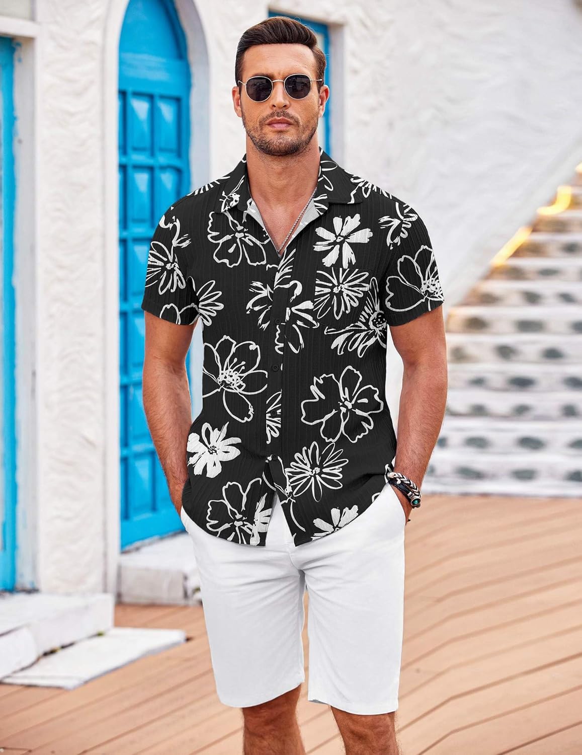 COOFANDY Men's Casual Button Down Shirts Short Sleeve Textured Summer Beach Shirt with Pocket - Image 3