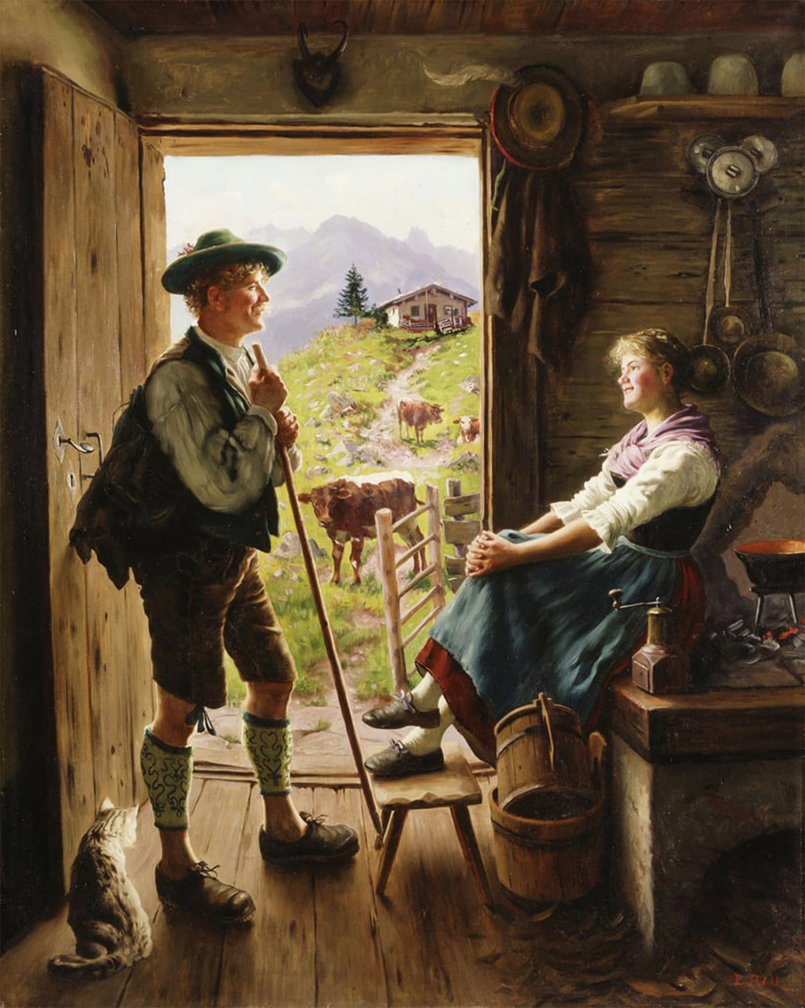 ARTXLXXBN Famous Painting Art Wall Decor Abstract Art Picture Tyrolean Couple by Emil Karl Rau Animal Pictures for Home Decor 60x90cm