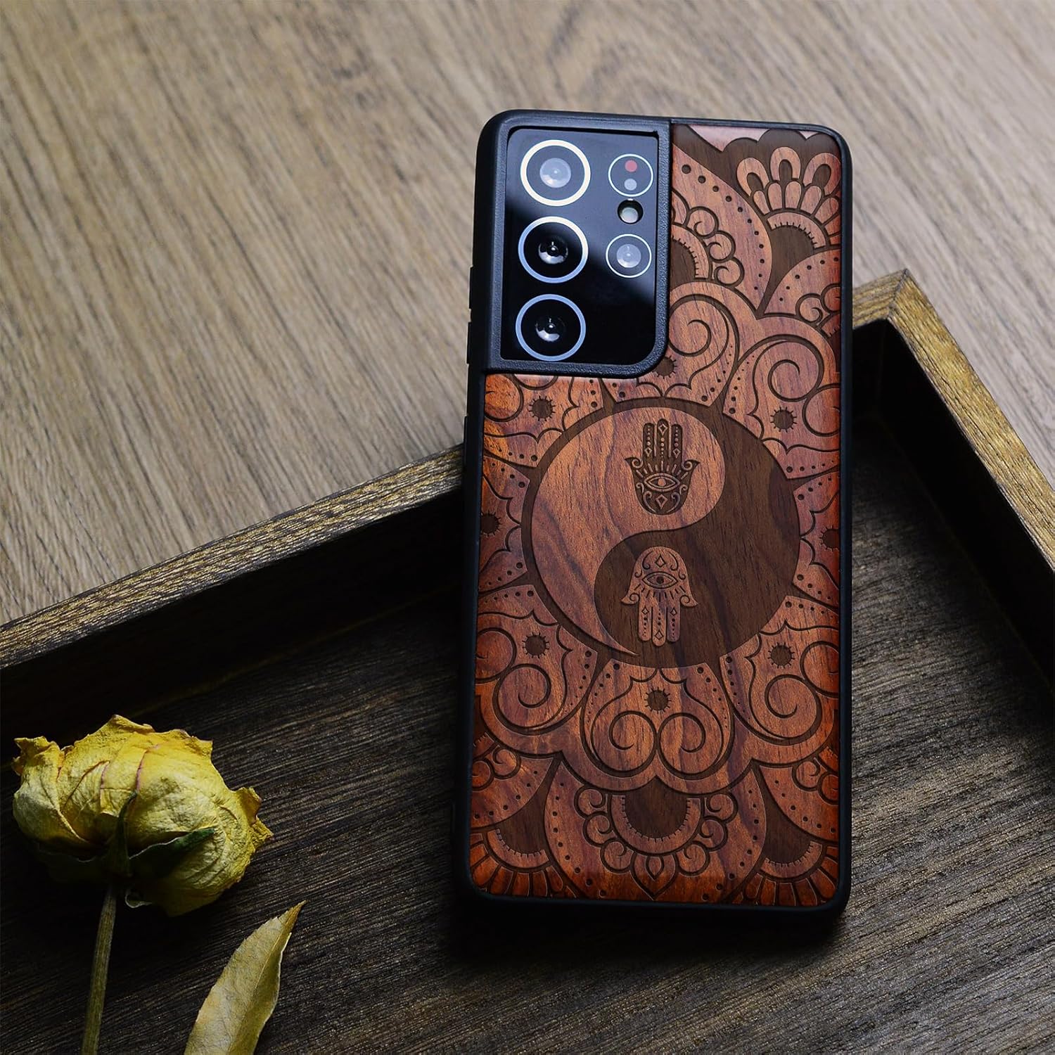Carveit Wood Case for Galaxy S21 Ultra Case [Natural Wood & Black Soft TPU] Shockproof Hybrid Protective Unique Wooden Cover Compatible with Samsung S21 Ultra (The Hamsa Yin-Yang Mandala-Rosy)